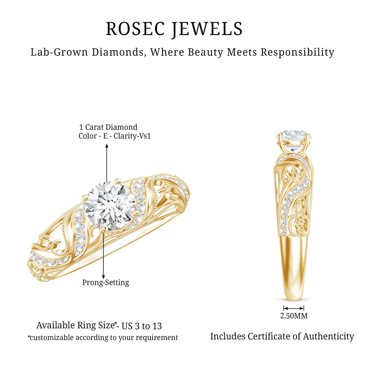 IGI Certified 1 Carat Lab Created Diamond Vintage Looking Engagement Ring Lab - ( E-VS1 ) - Rosec Jewels