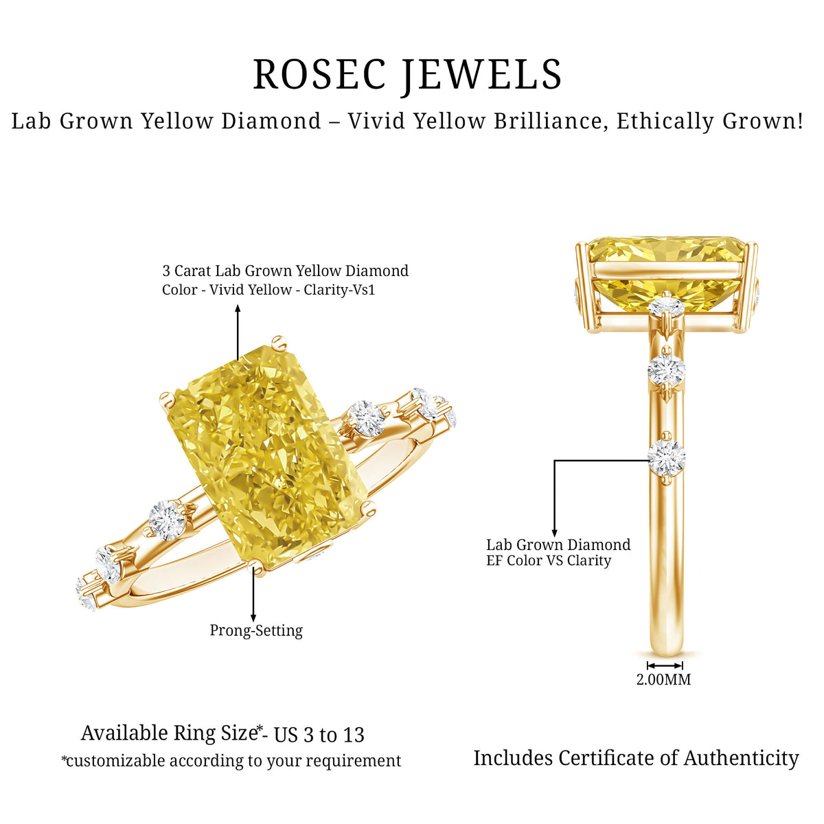 IGI Certified 3 Carat Lab Grown Vivid Yellow Diamond Engagement Ring Vivid Yellow - VS1 - Rosec Jewels