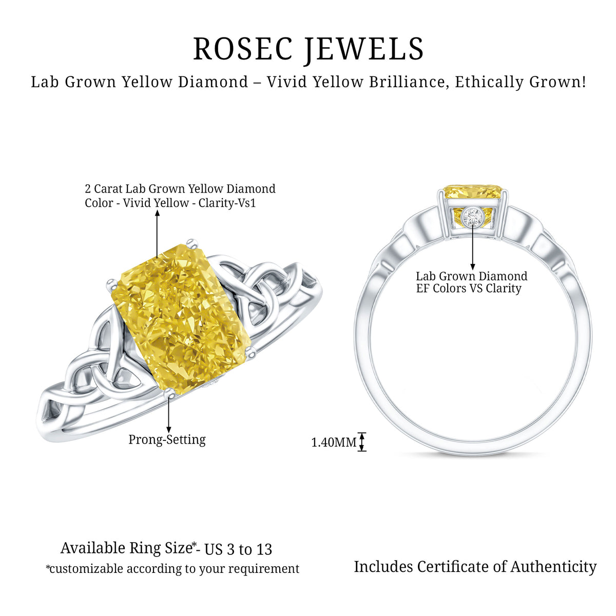 IGI Verified Celtic Engagement Ring with 2 Carat Radiant Cut Lab Yellow Diamond Vivid Yellow - VS1 - Rosec Jewels