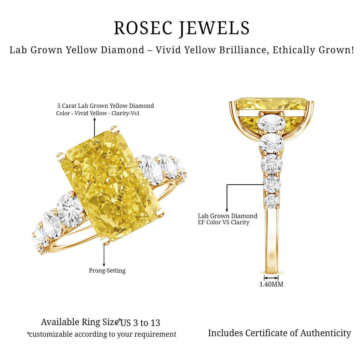 Rosec Jewels-IGI Graded Lab Grown 5 Carat Yellow Diamond Huge Engagement Ring with Side Stones