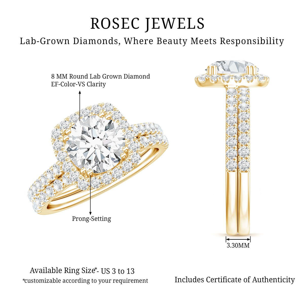 2 Carat Lab Grown Diamond Halo Wedding Ring Set with IGI Certificate Lab - ( E-VS1 ) - Rosec Jewels