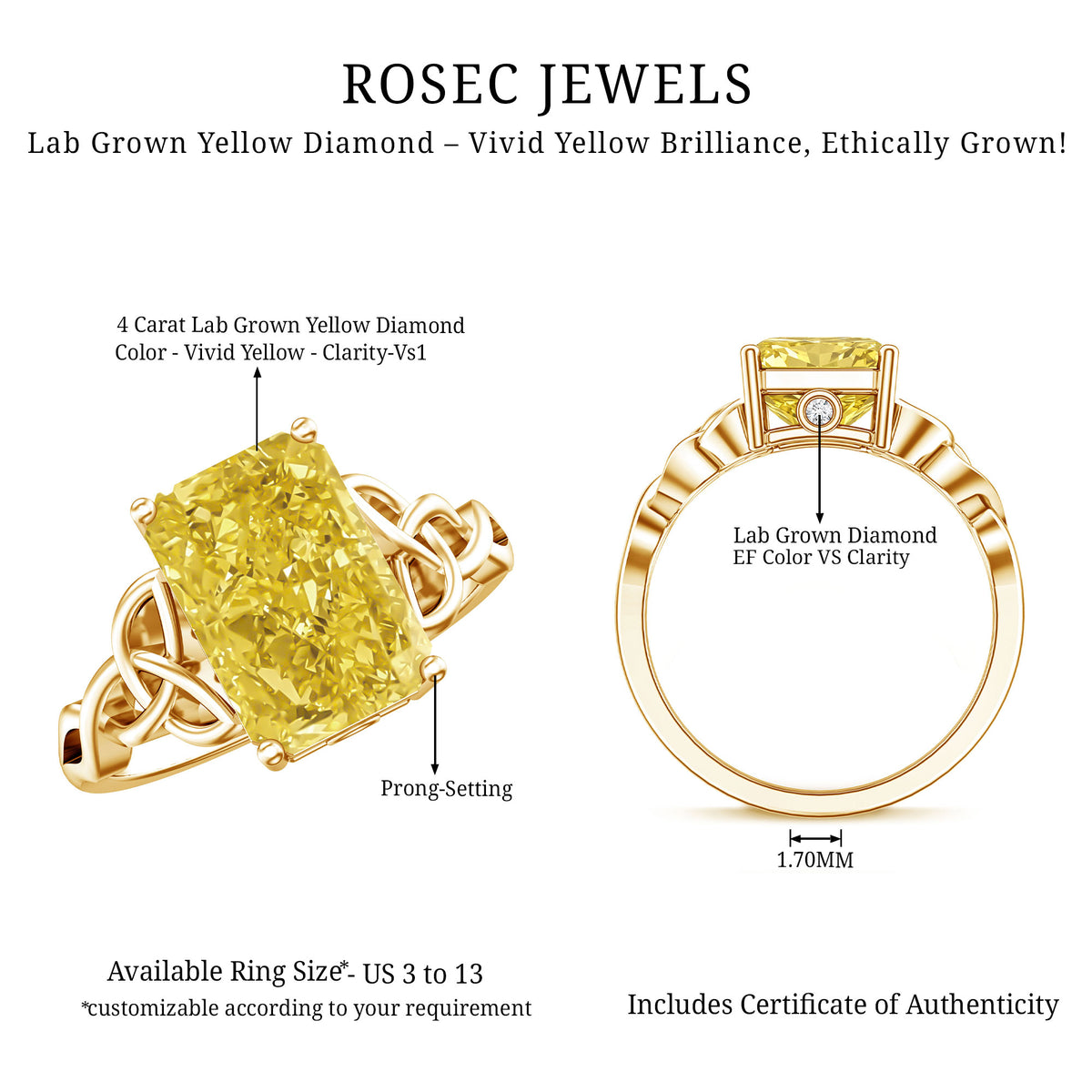 Rosec Jewels-4 Carat Radiant Cut Lab Yellow Diamond Celtic Knot Engagement Ring with IGI Certificate