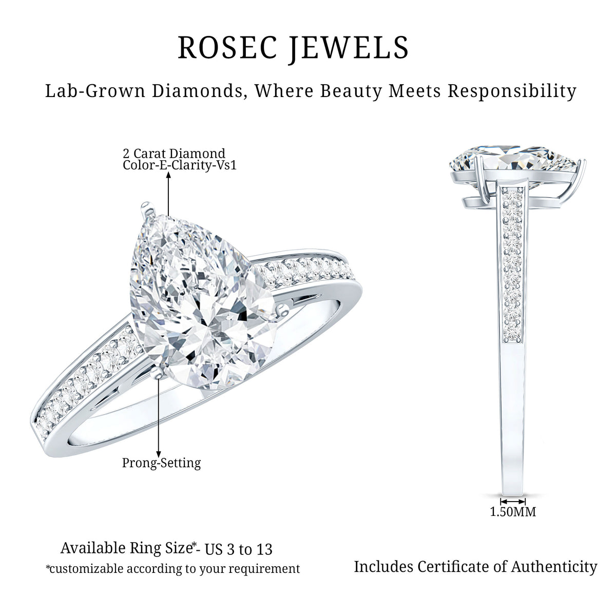 IGI Graded Lab Created 2 Carat Diamond Teardrop Engagement Ring with Side Stones Lab - ( E-VS1 ) - Rosec Jewels