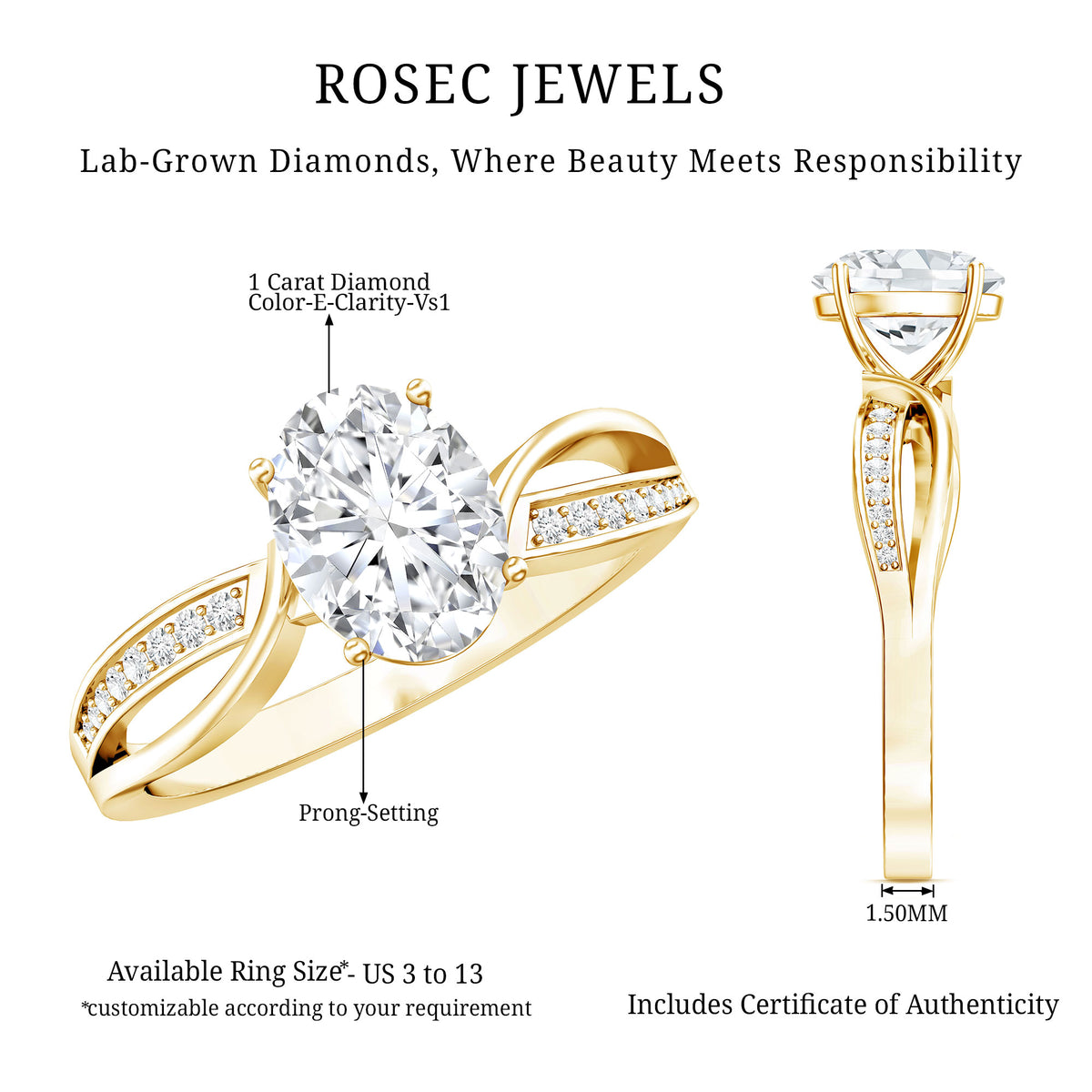 Rosec Jewels-IGI Verified 1 Carat Oval Lab Grown Diamond Infinity Engagement Ring for Women
