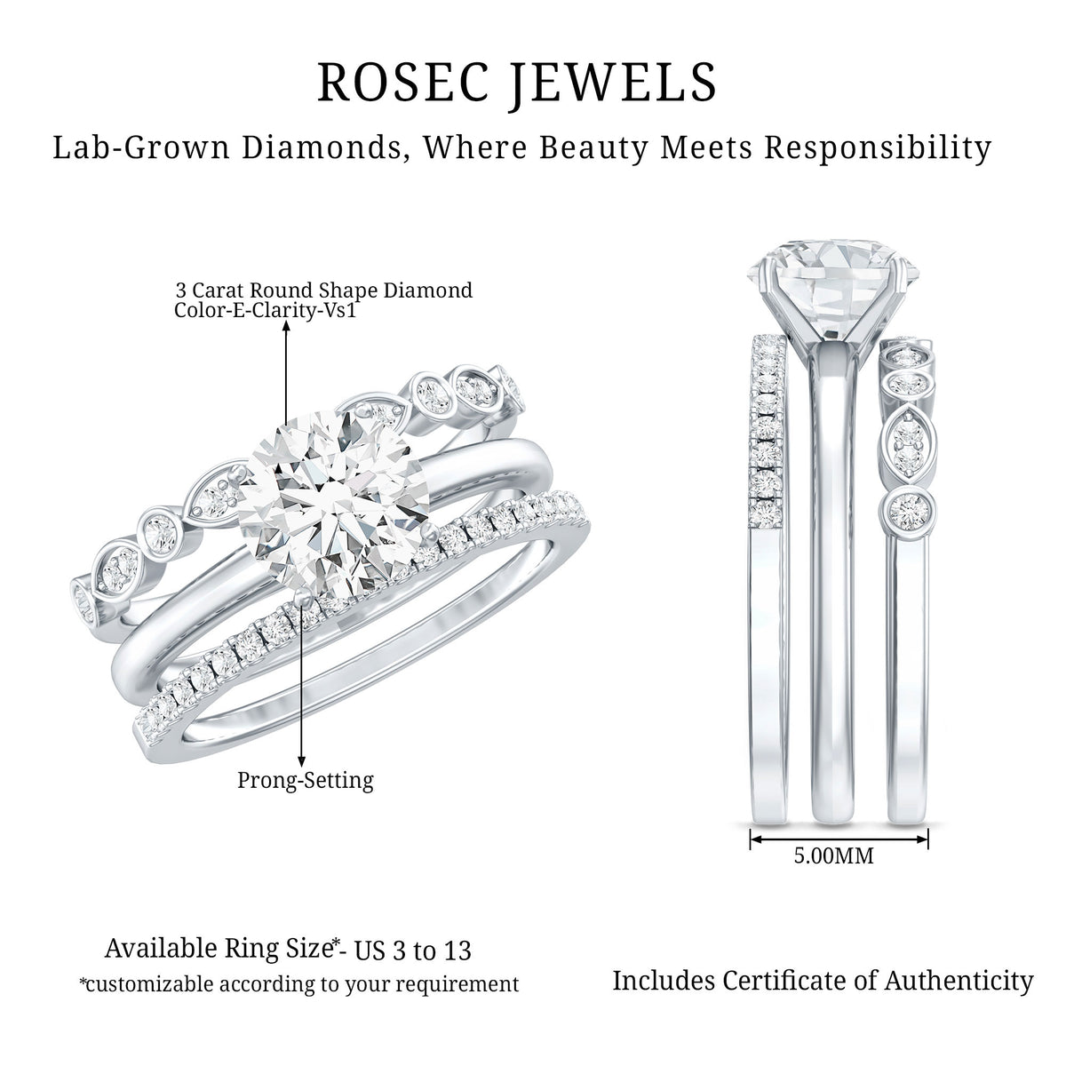 IGI Verified 3 Carat Lab Grown Diamond Trio Wedding Ring Set Lab - ( E-VS1 ) - Rosec Jewels