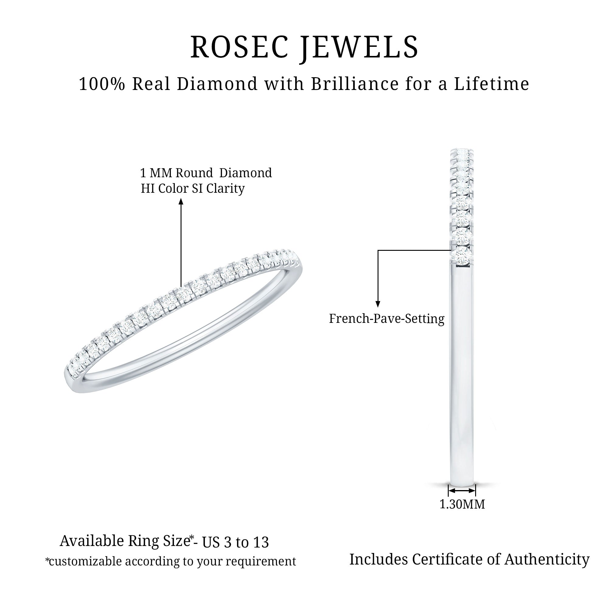 Certified Natural Diamond Stackable Wedding Ring Natural - ( HI-SI ) - Rosec Jewels