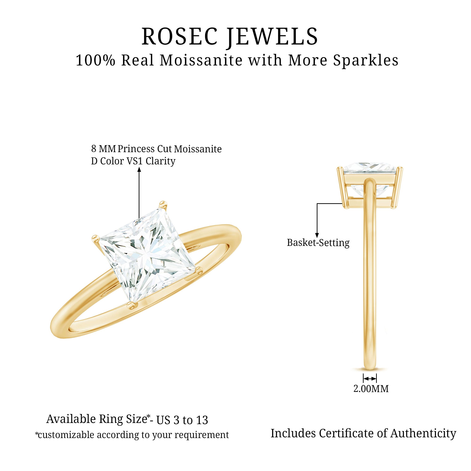 Rosec Jewels-3 Carat Princess Cut Moissanite Solitaire Engagement Ring