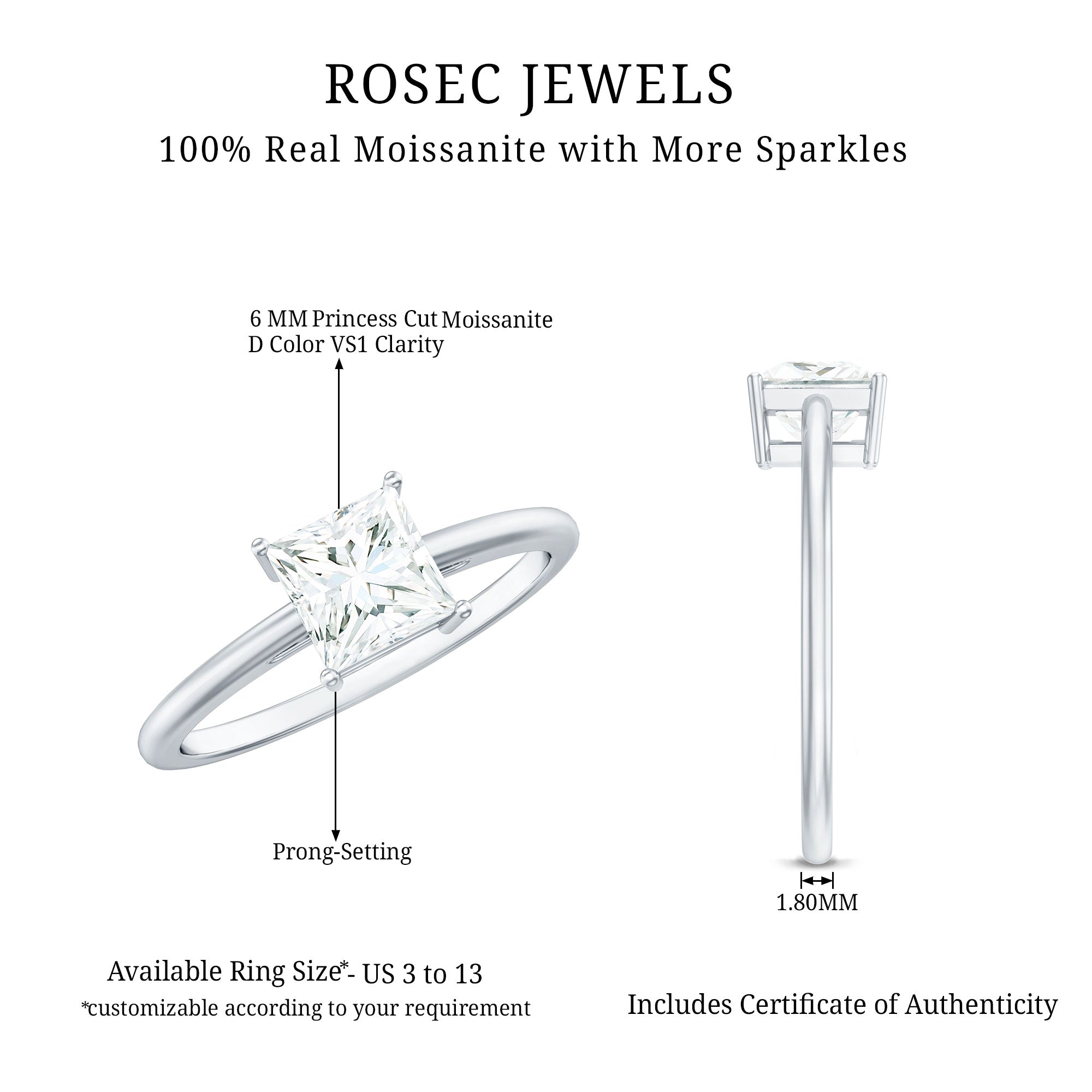 1 CT Princess Cut Moissanite Solitaire Ring for Women D-VS1 - Rosec Jewels