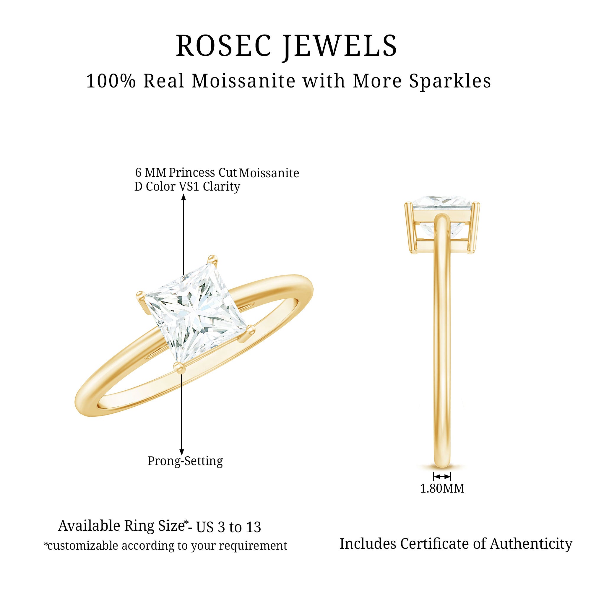 1 CT Princess Cut Moissanite Solitaire Ring for Women D-VS1 - Rosec Jewels