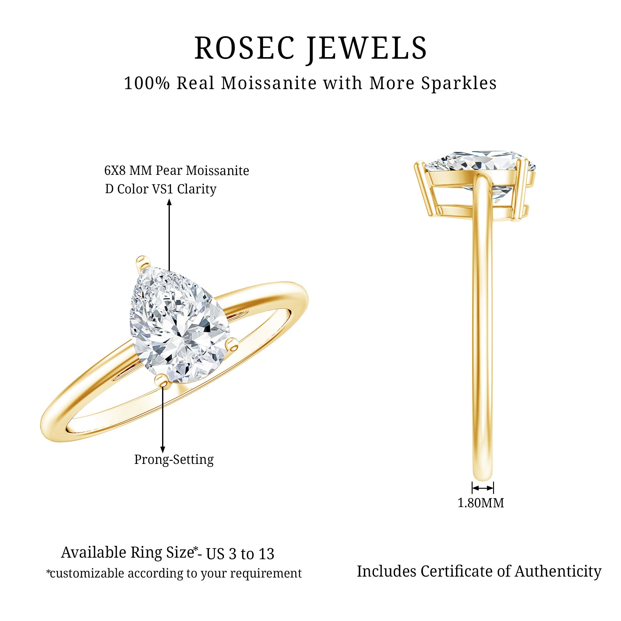 Solitaire Moissanite Teardrop Engagement Ring for Women D-VS1 - Rosec Jewels