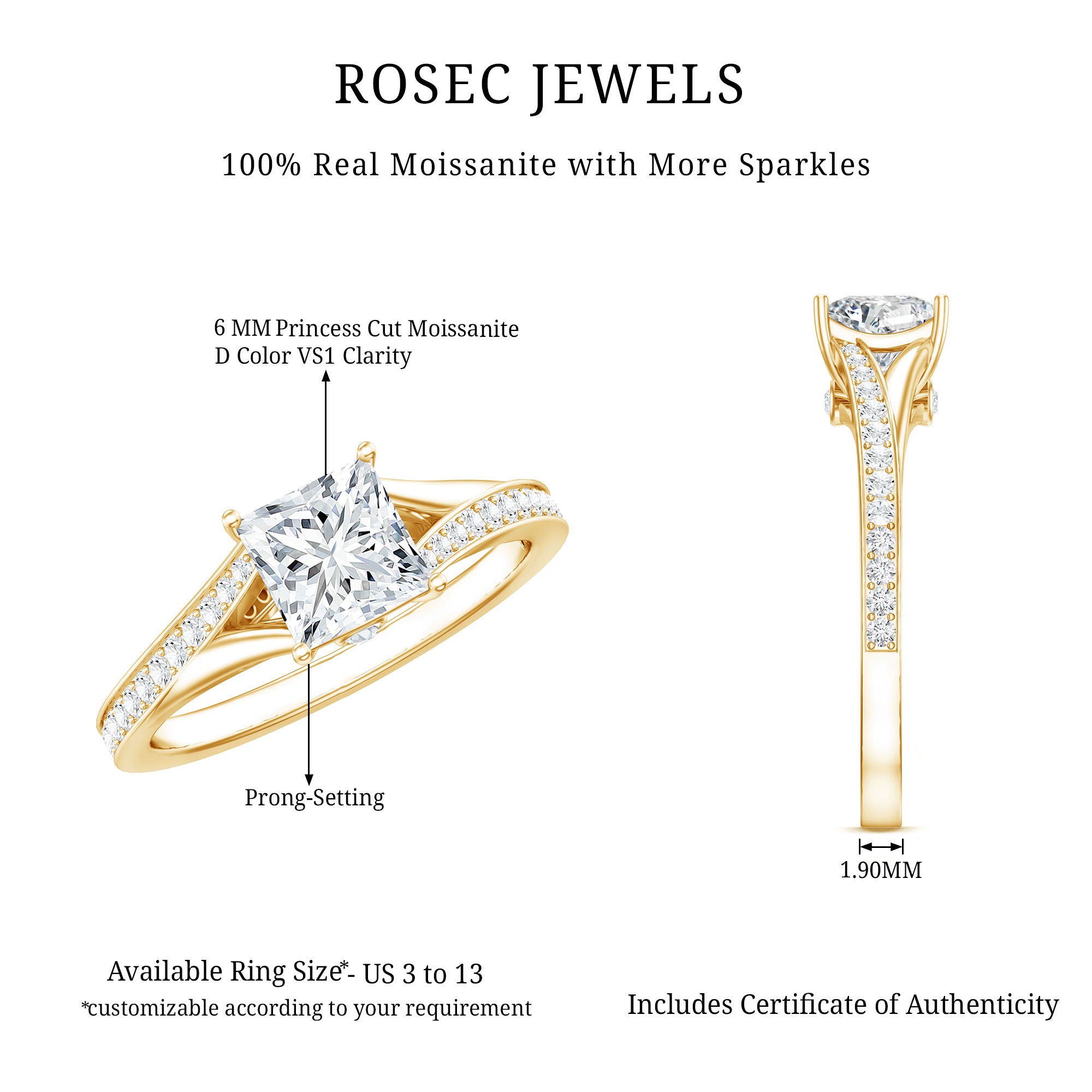 Certified Princess Cut Moissanite Engagement Ring With Split Shank D-VS1 - Rosec Jewels