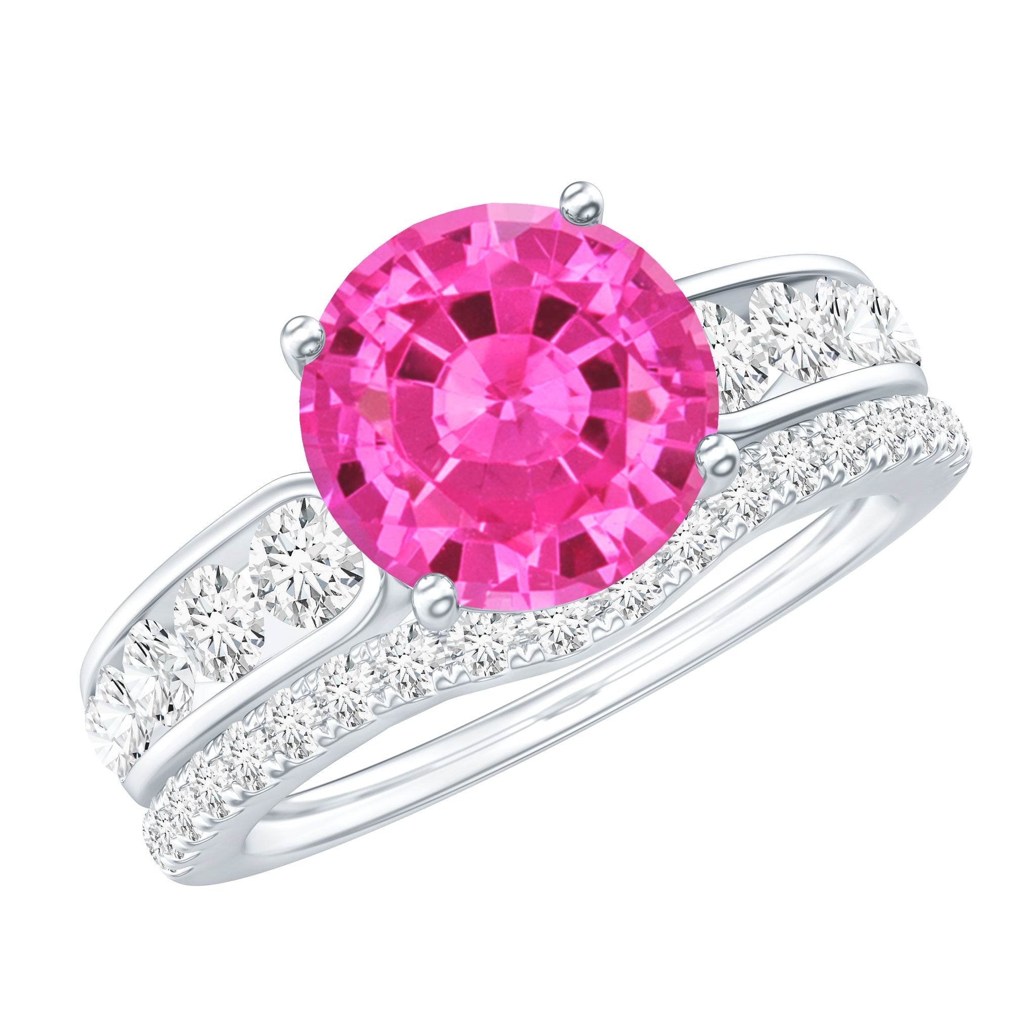 Lab Grown Pink Sapphire and Moissanite Solitaire Bridal Ring Set AAAA - Rosec Jewels
