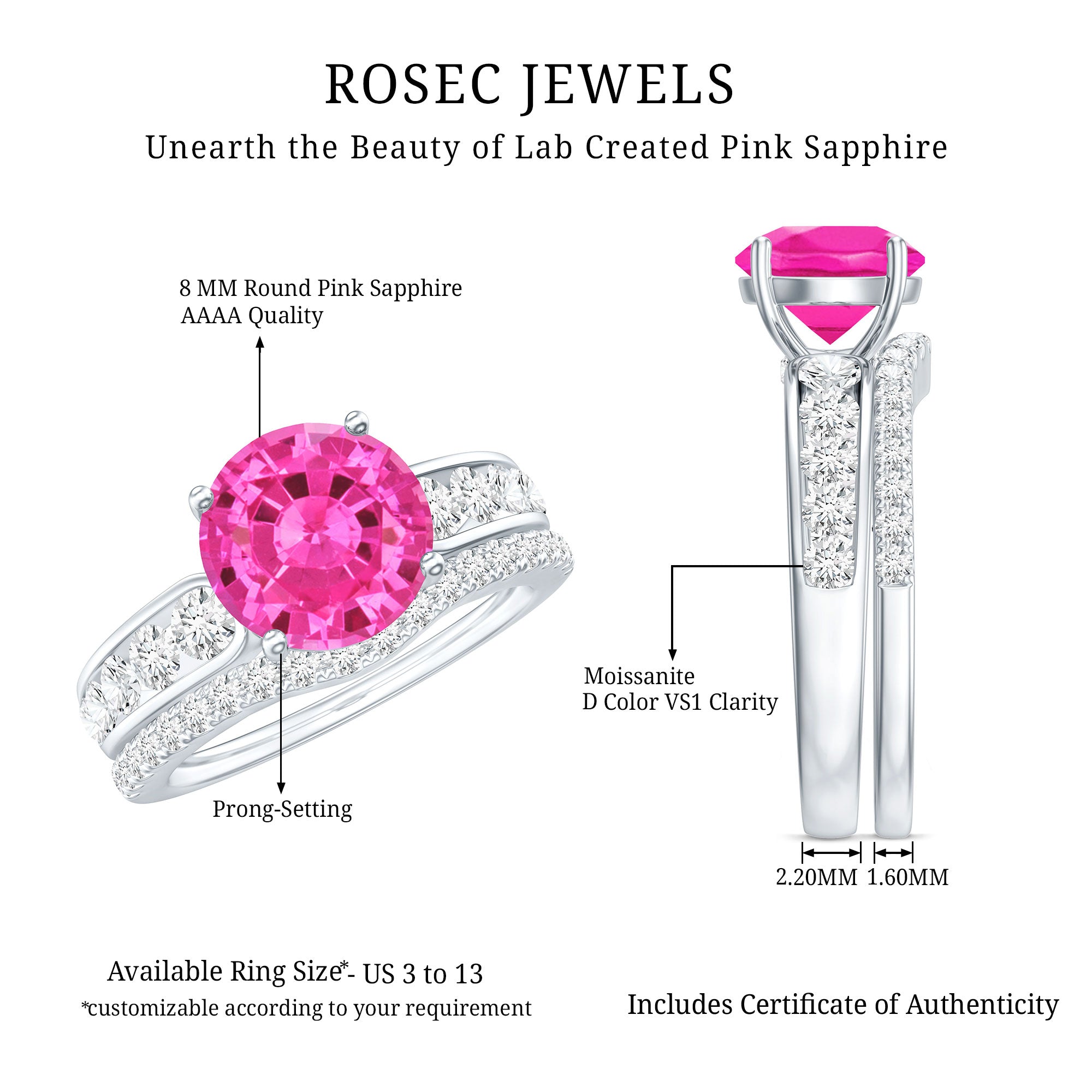 Lab Grown Pink Sapphire and Moissanite Solitaire Bridal Ring Set AAAA - Rosec Jewels