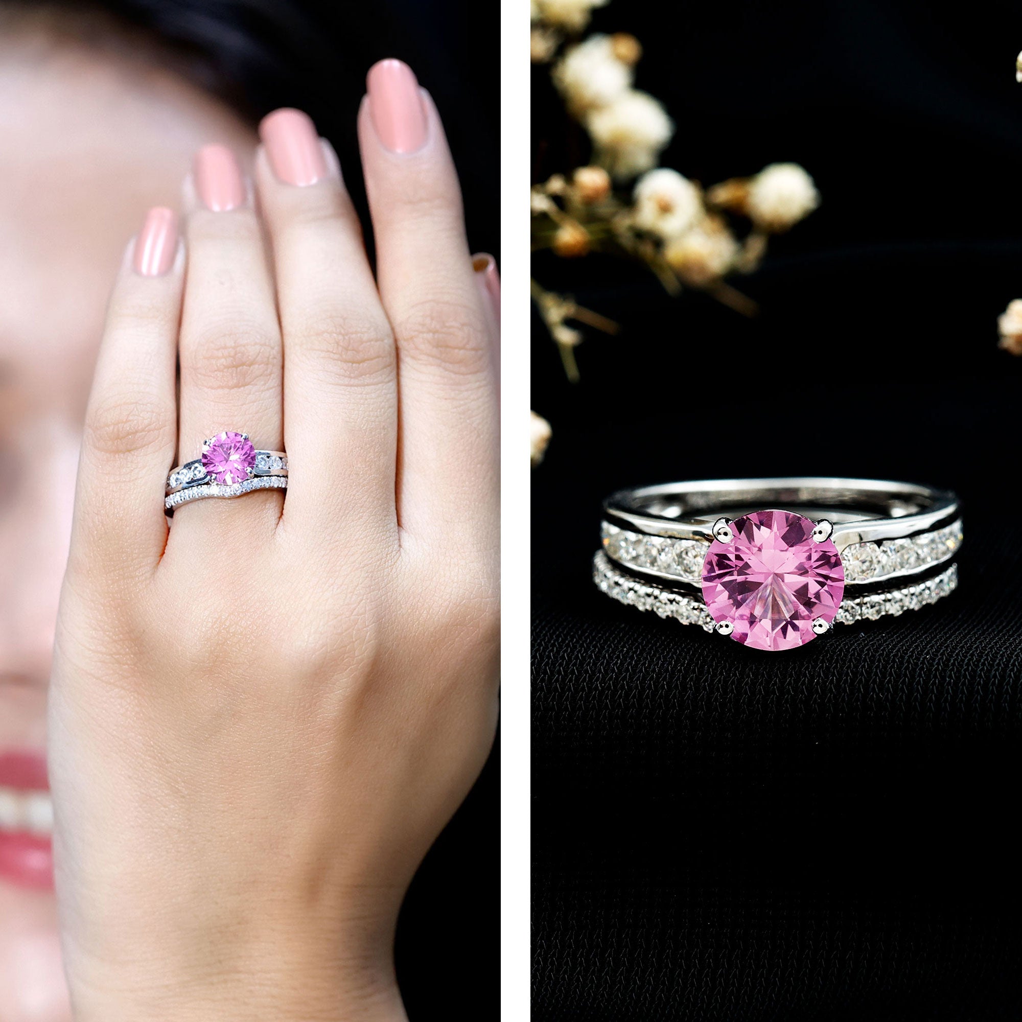 Lab Grown Pink Sapphire and Moissanite Solitaire Bridal Ring Set AAAA - Rosec Jewels