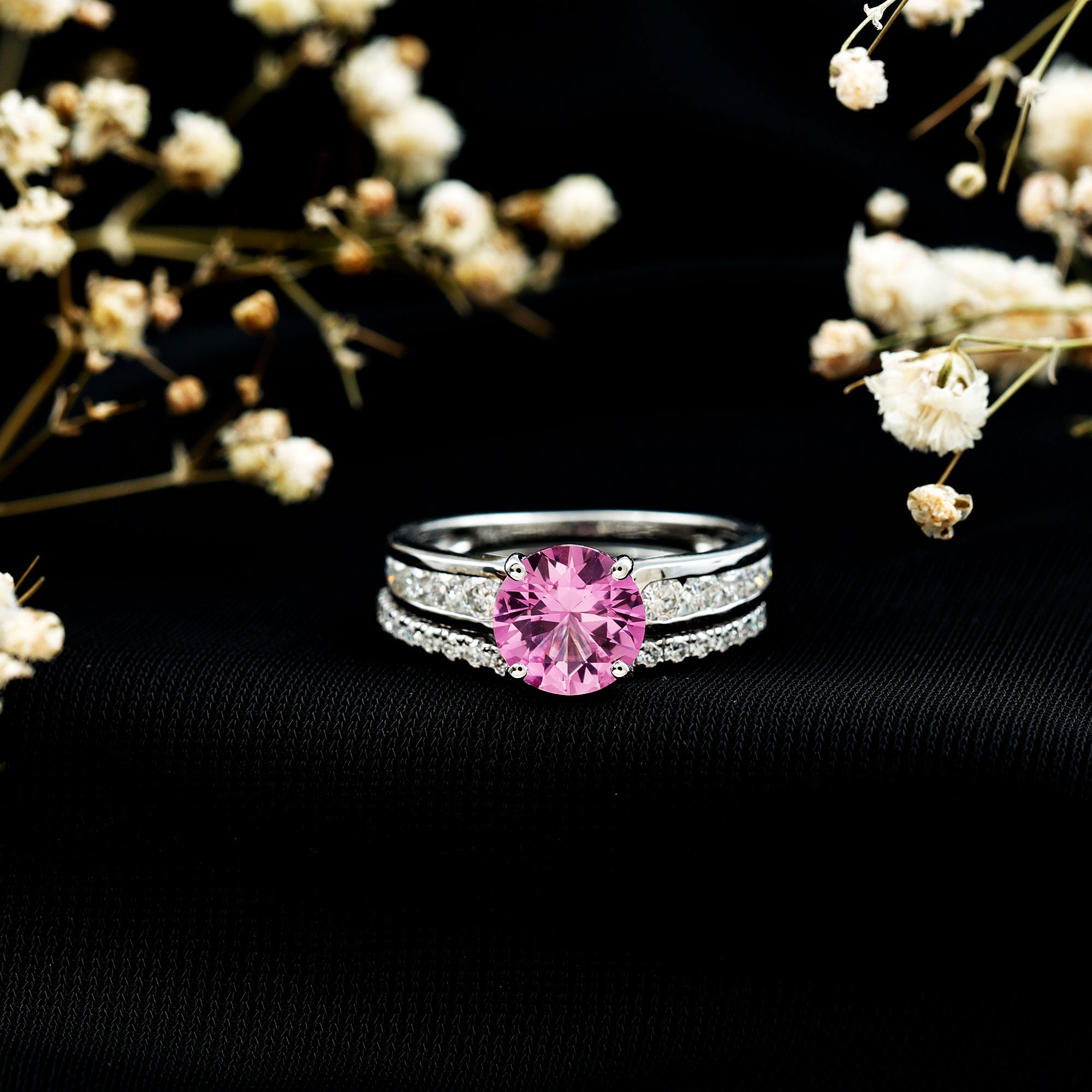 Lab Grown Pink Sapphire and Moissanite Solitaire Bridal Ring Set AAAA - Rosec Jewels