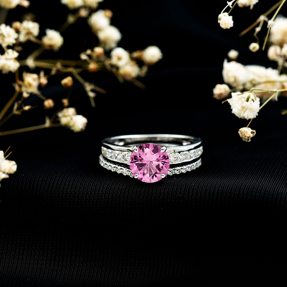 2.25 Carat Lab Grown Pink Sapphire Solitaire Bridal Ring Set AAAA - Rosec Jewels