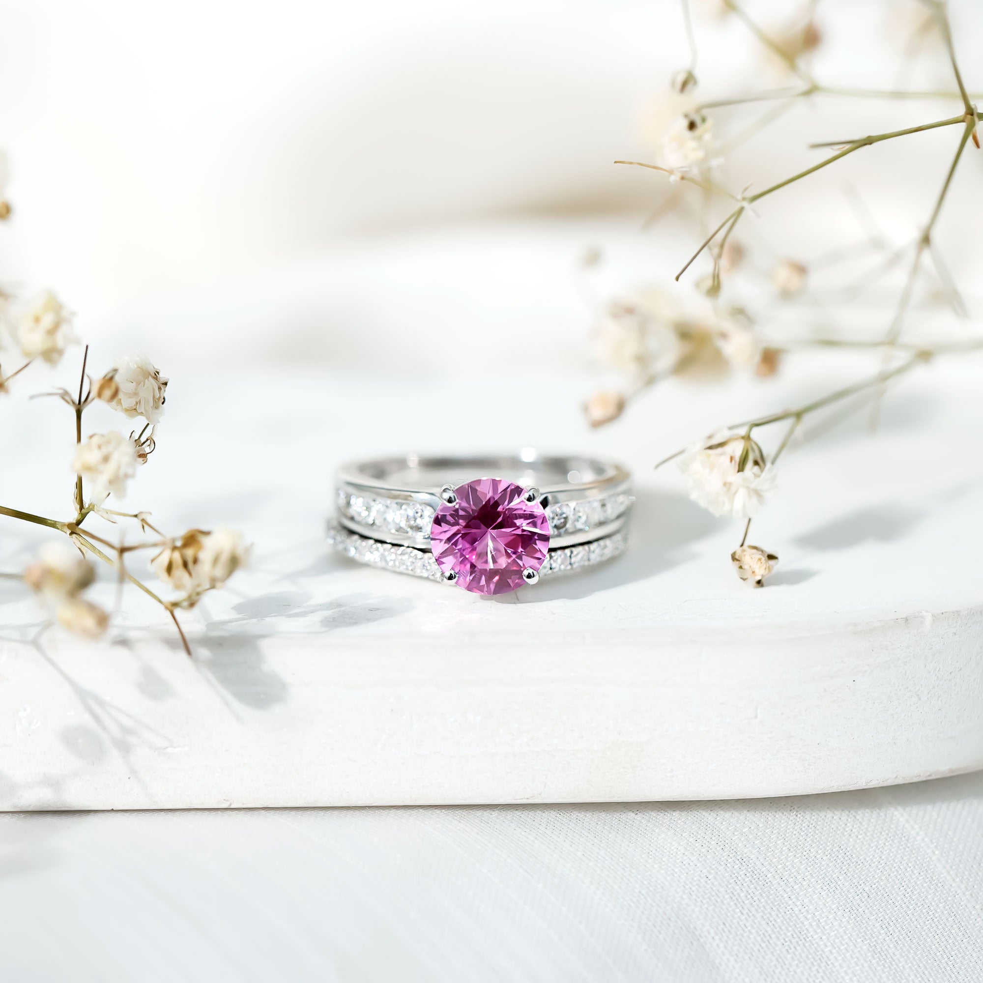 Lab Grown Pink Sapphire and Moissanite Solitaire Bridal Ring Set AAAA - Rosec Jewels
