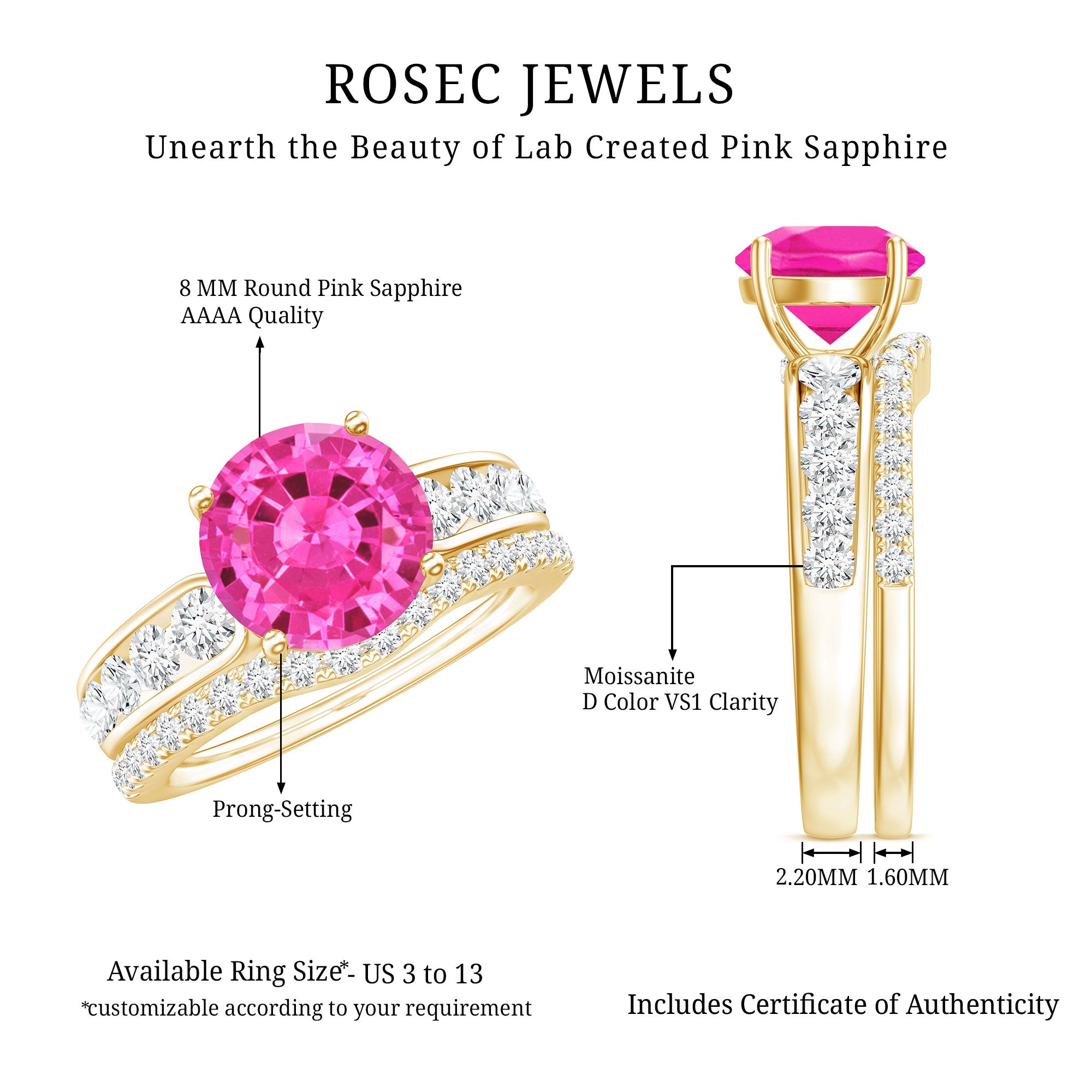Lab Grown Pink Sapphire and Moissanite Solitaire Bridal Ring Set AAAA - Rosec Jewels