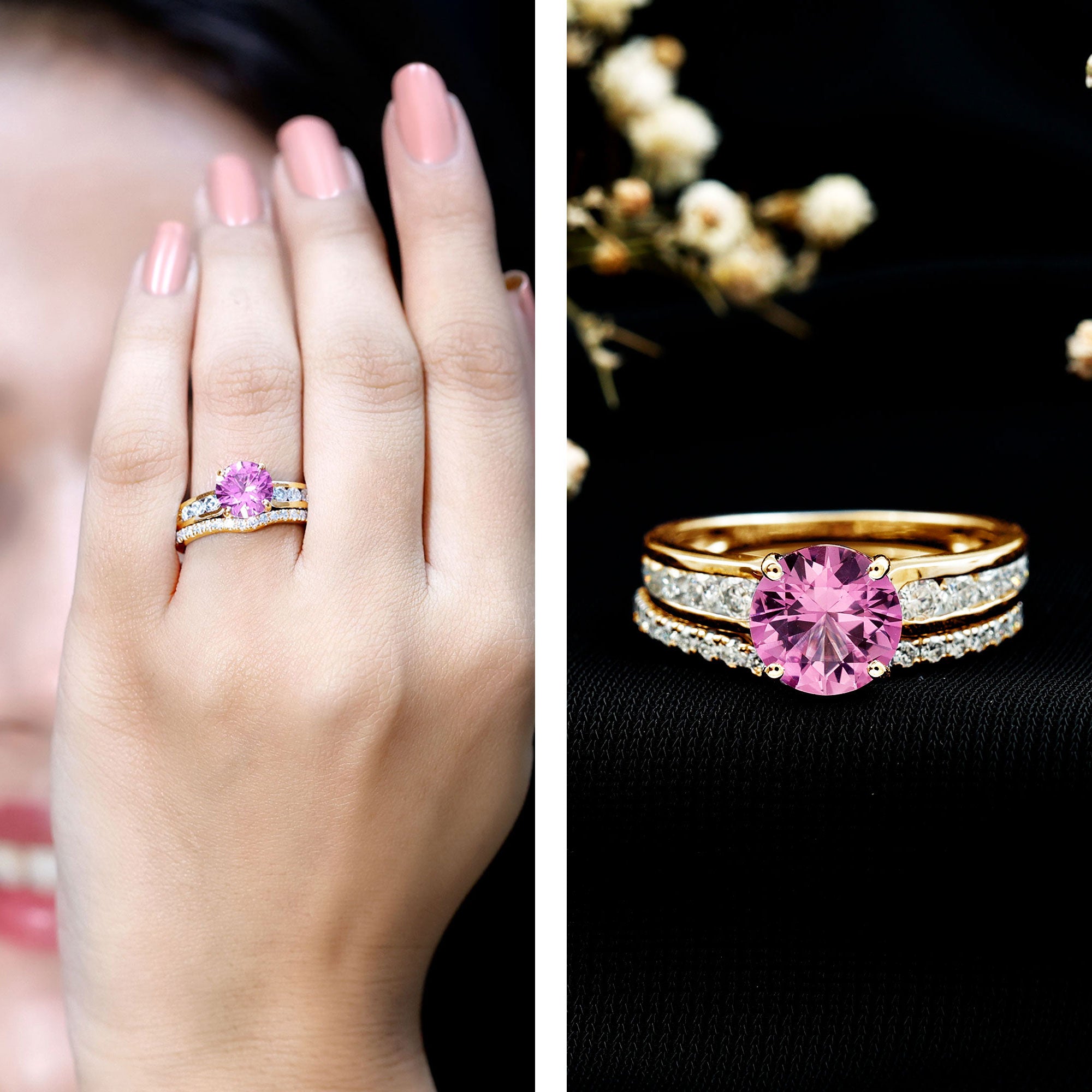 Lab Grown Pink Sapphire and Moissanite Solitaire Bridal Ring Set AAAA - Rosec Jewels