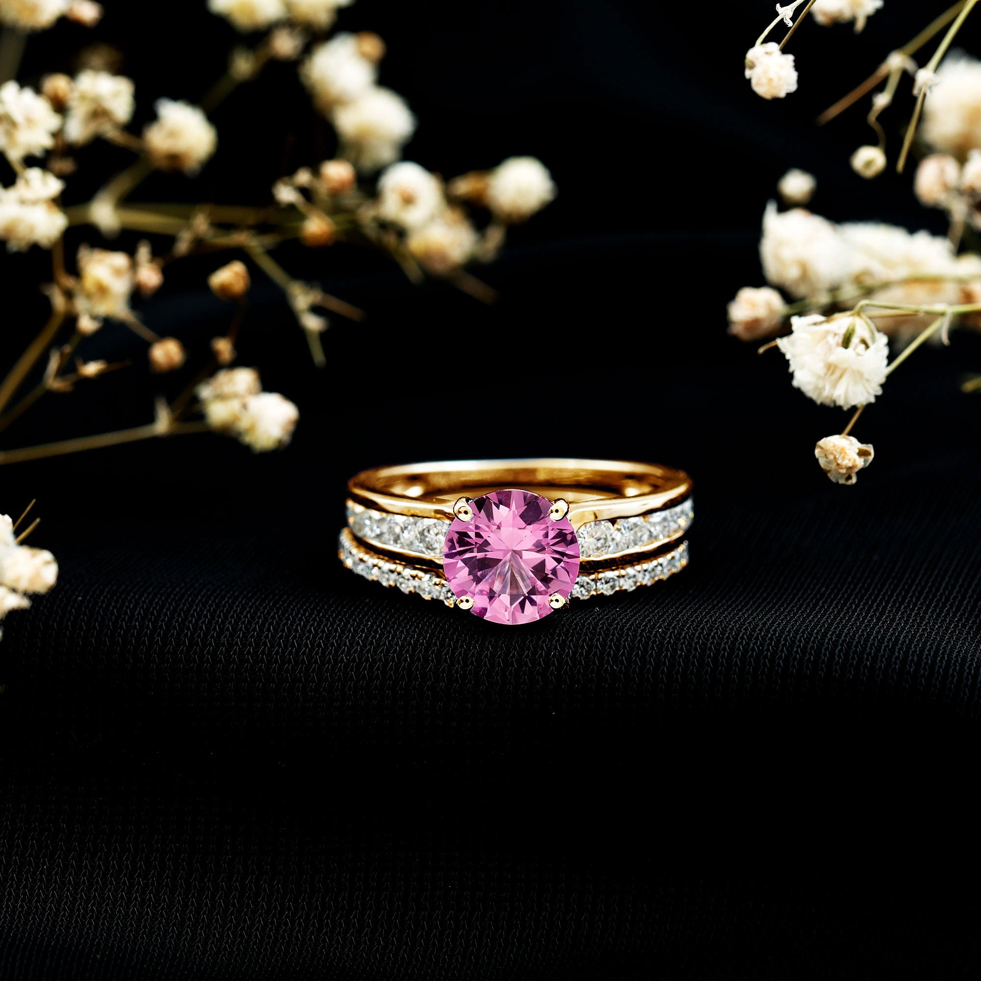 Lab Grown Pink Sapphire and Moissanite Solitaire Bridal Ring Set AAAA - Rosec Jewels