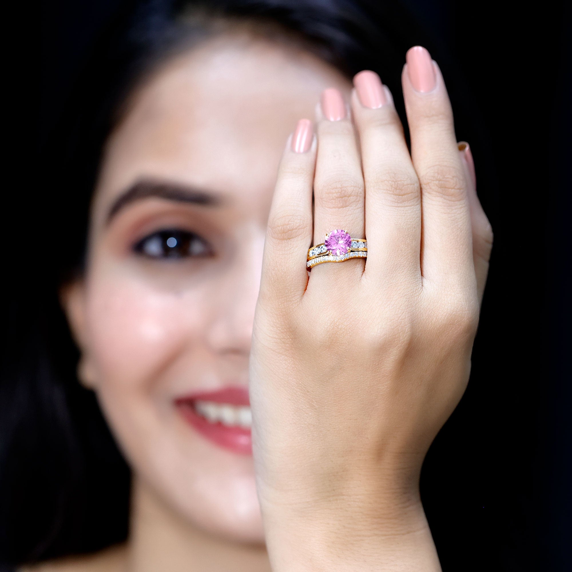 Lab Grown Pink Sapphire and Moissanite Solitaire Bridal Ring Set AAAA - Rosec Jewels