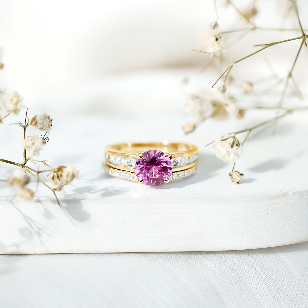 2.25 Carat Lab Grown Pink Sapphire Solitaire Bridal Ring Set AAAA - Rosec Jewels
