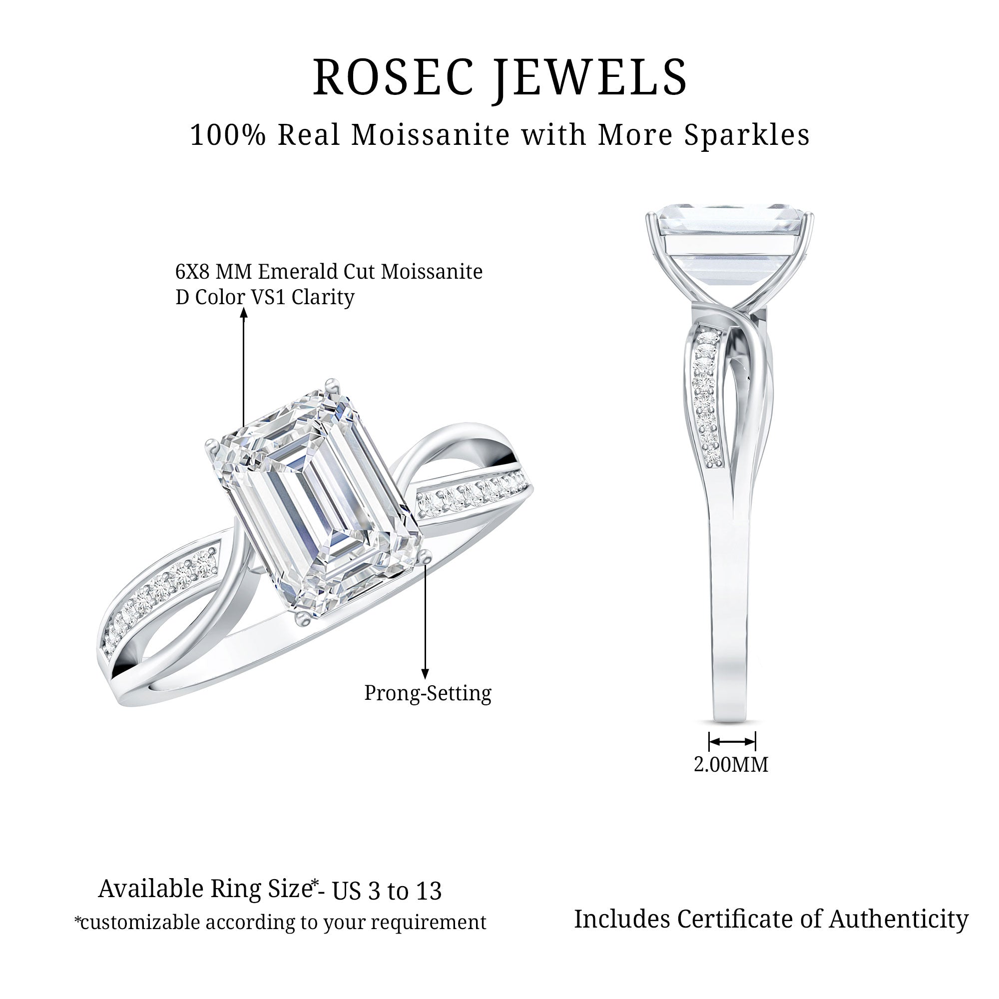 Certified 6X8 MM Emerald Cut Moissanite Infinity Engagement Ring D-VS1 - Rosec Jewels