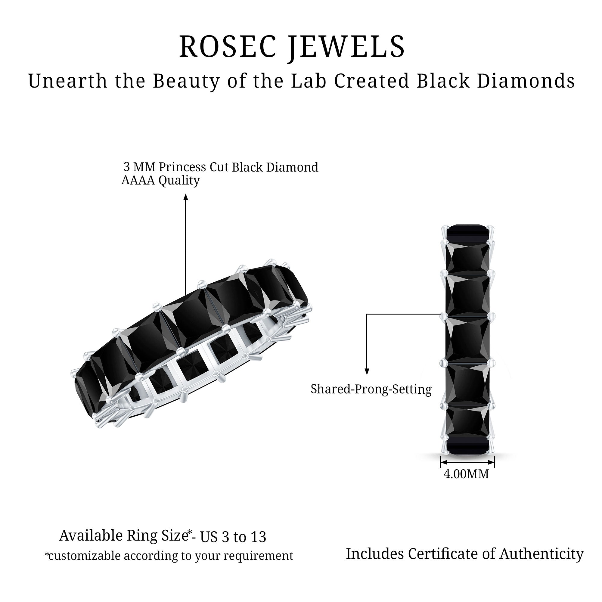 Certified Princess Cut Lab Grown Black Diamond Eternity Ring for Women AAAA ( Synthetic ) - Rosec Jewels