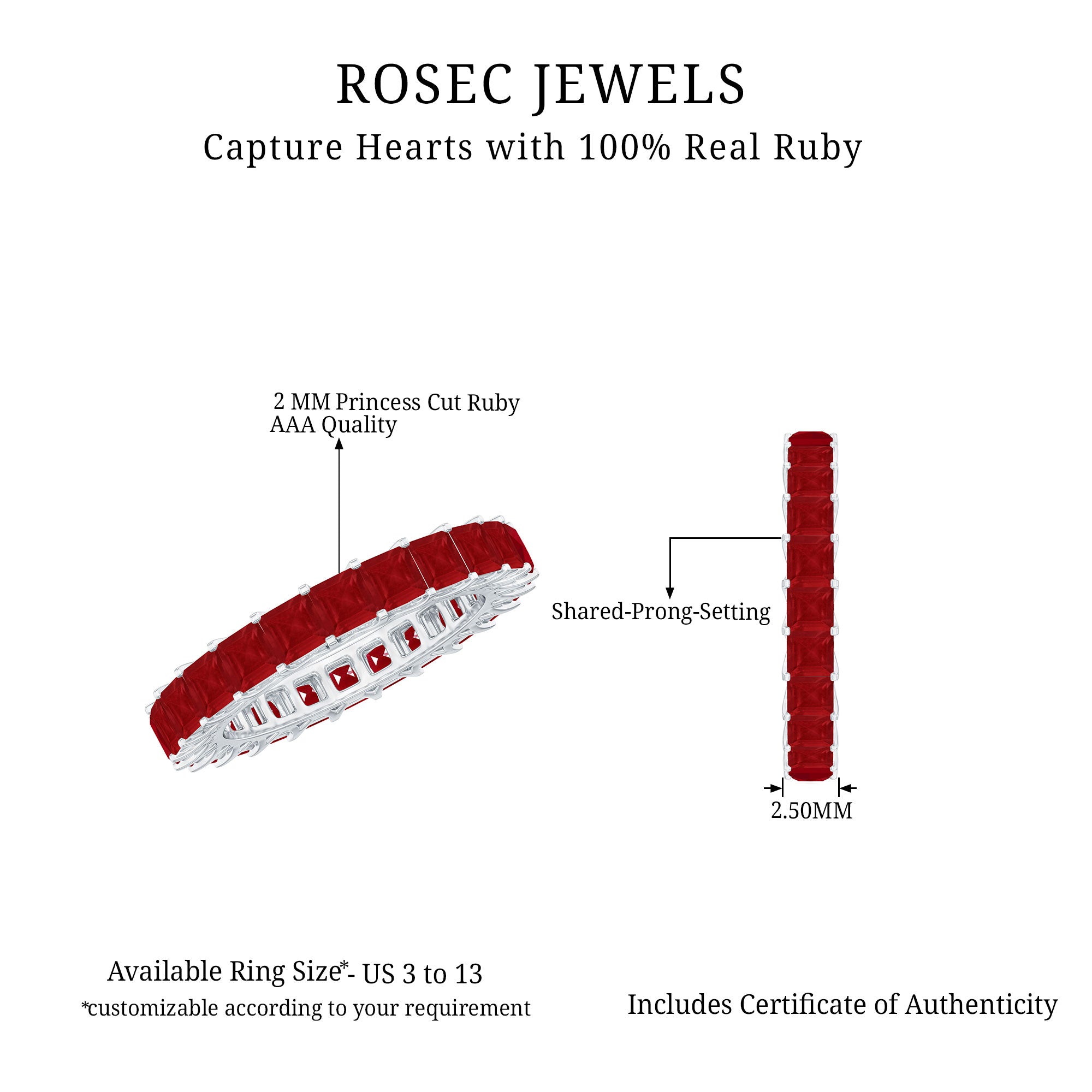 Princess Cut Ruby Eternity Ring – Thin Ruby Wedding Band in Shared Prong Setting | Real AAA Ruby AAA - Rosec Jewels