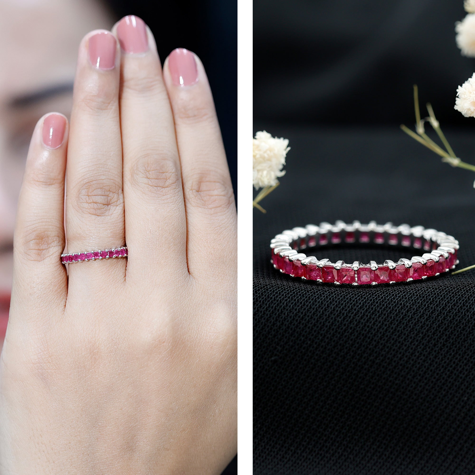 Princess Cut Ruby Eternity Ring – Thin Ruby Wedding Band in Shared Prong Setting | Real AAA Ruby AAA - Rosec Jewels