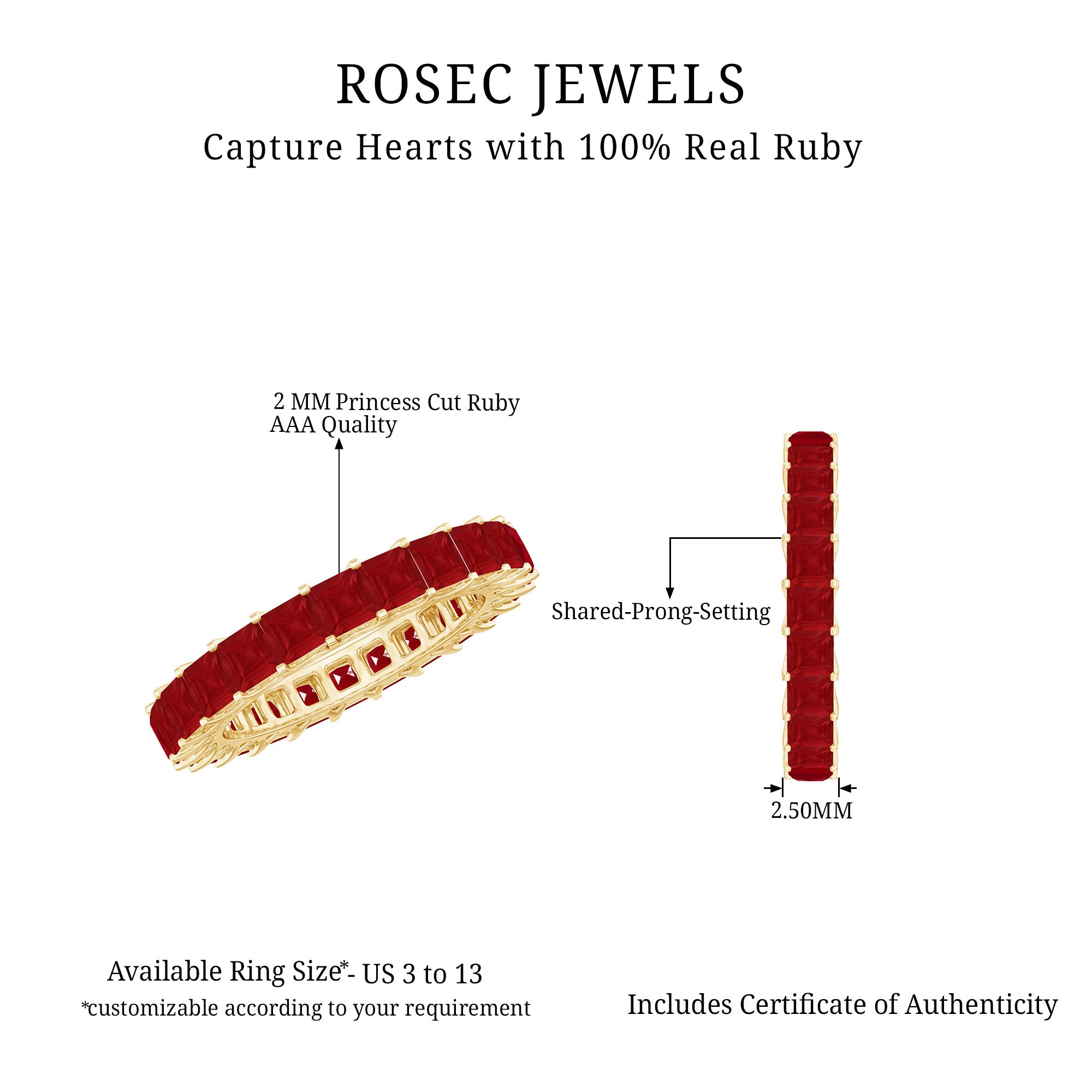 Princess Cut Ruby Eternity Ring – Thin Ruby Wedding Band in Shared Prong Setting | Real AAA Ruby AAA - Rosec Jewels