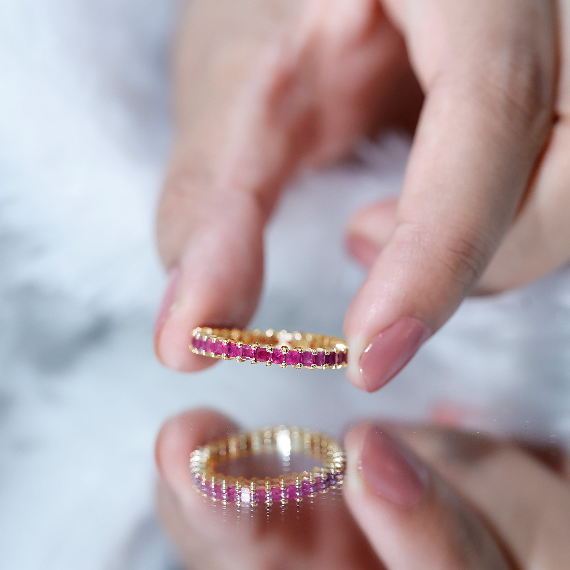 Princess Cut Ruby Eternity Ring – Thin Ruby Wedding Band in Shared Prong Setting | Real AAA Ruby AAA - Rosec Jewels