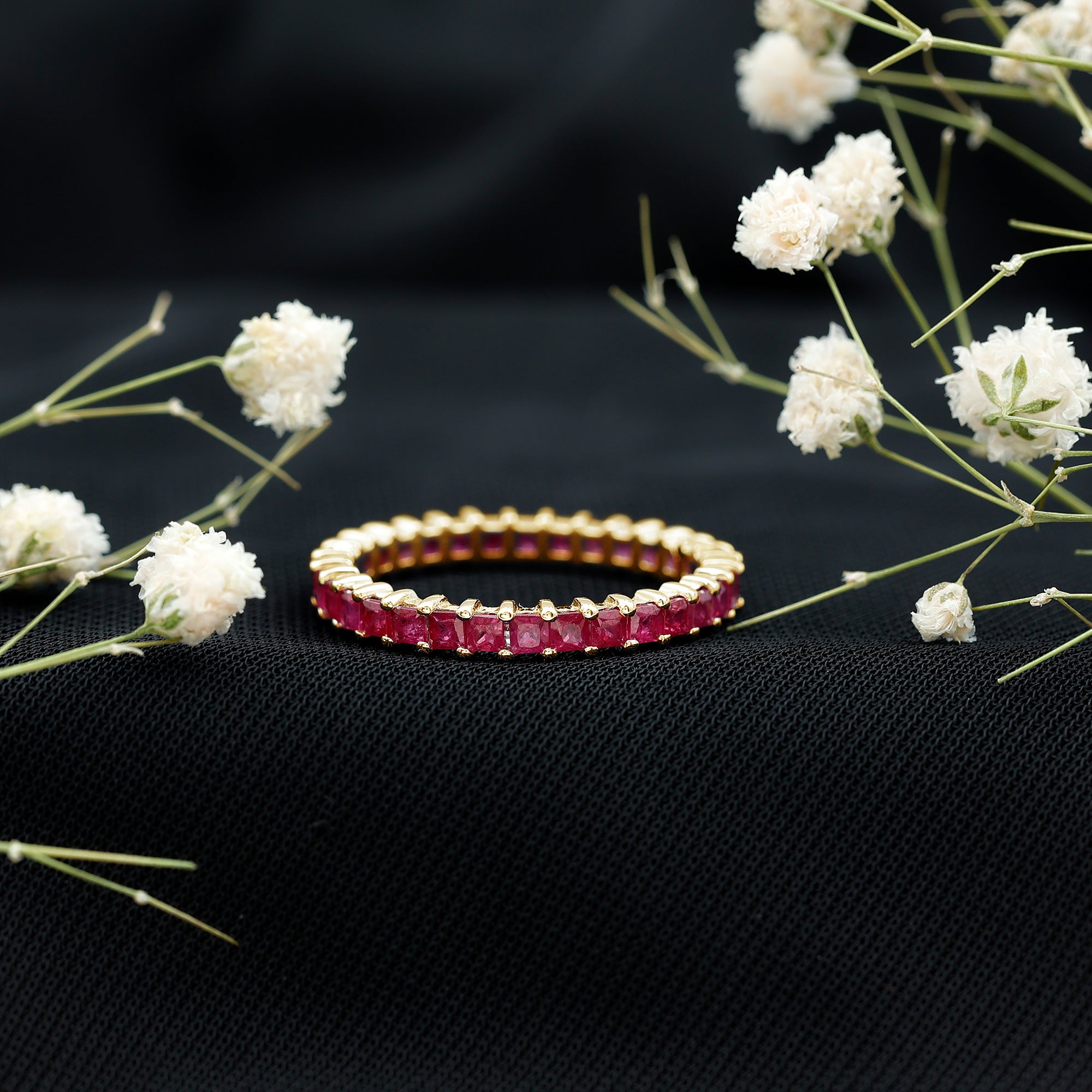 Princess Cut Ruby Eternity Ring – Thin Ruby Wedding Band in Shared Prong Setting | Real AAA Ruby AAA - Rosec Jewels