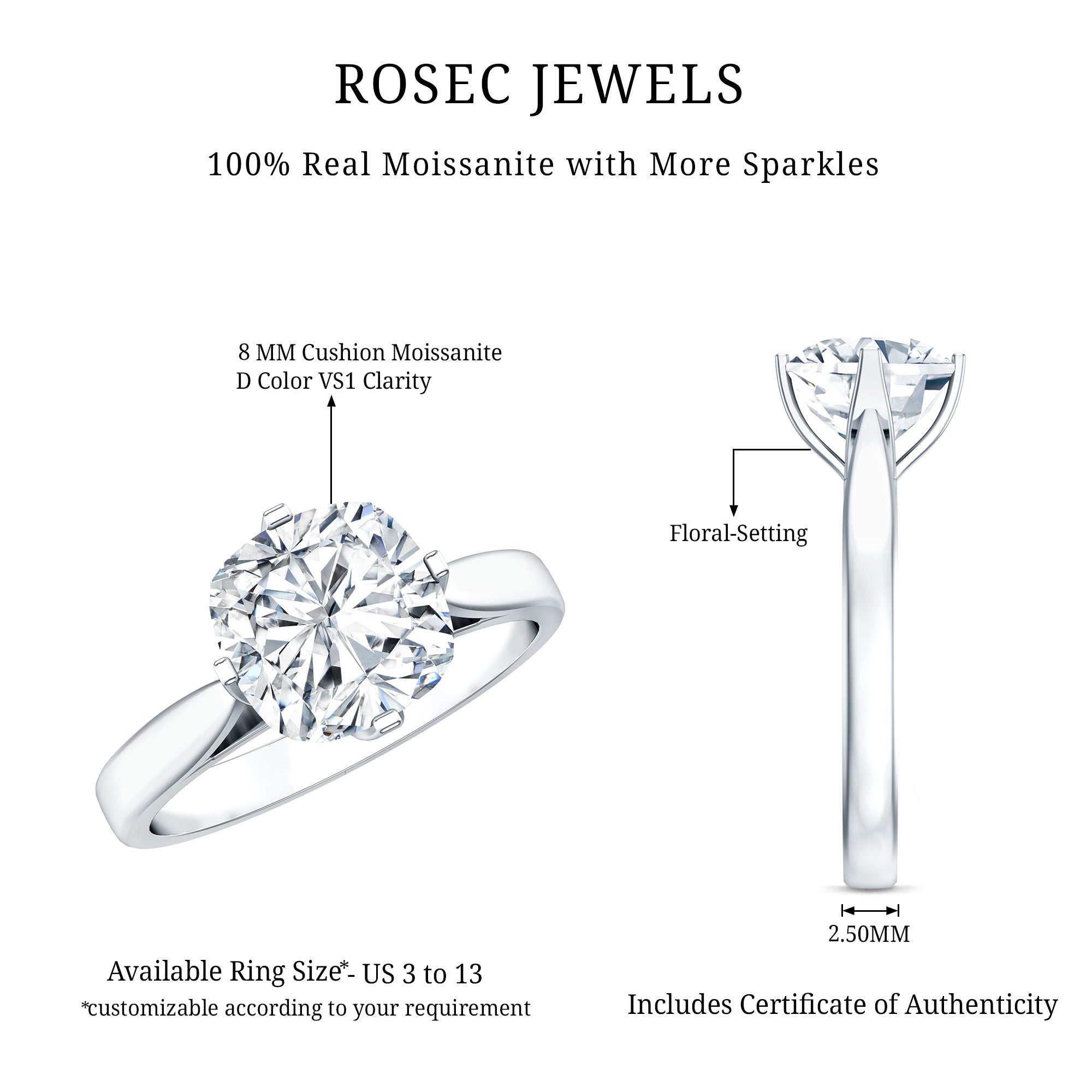 3 CT Cushion Moissanite Solitaire Engagement Ring D-VS1 - Rosec Jewels