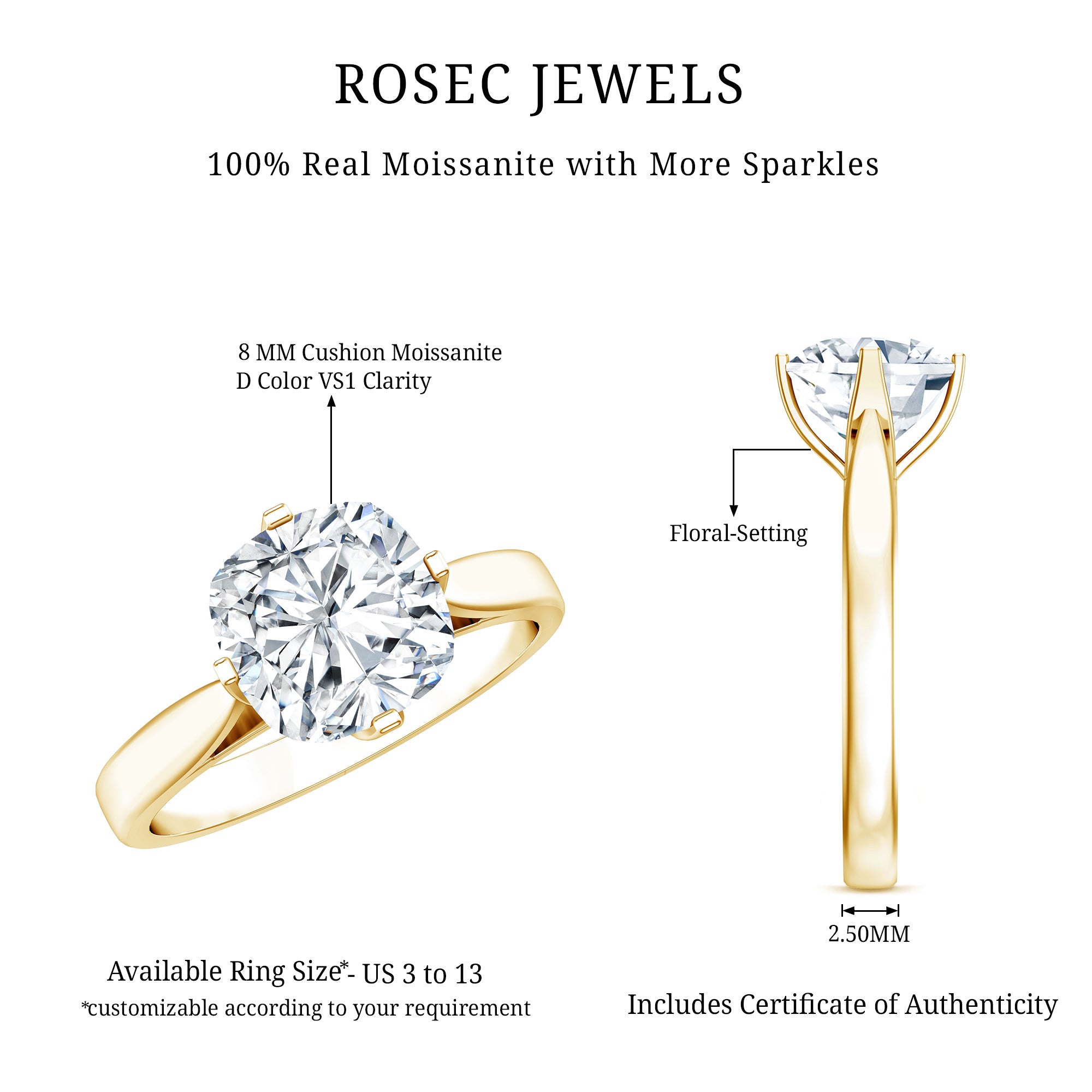 3 CT Cushion Moissanite Solitaire Engagement Ring D-VS1 - Rosec Jewels