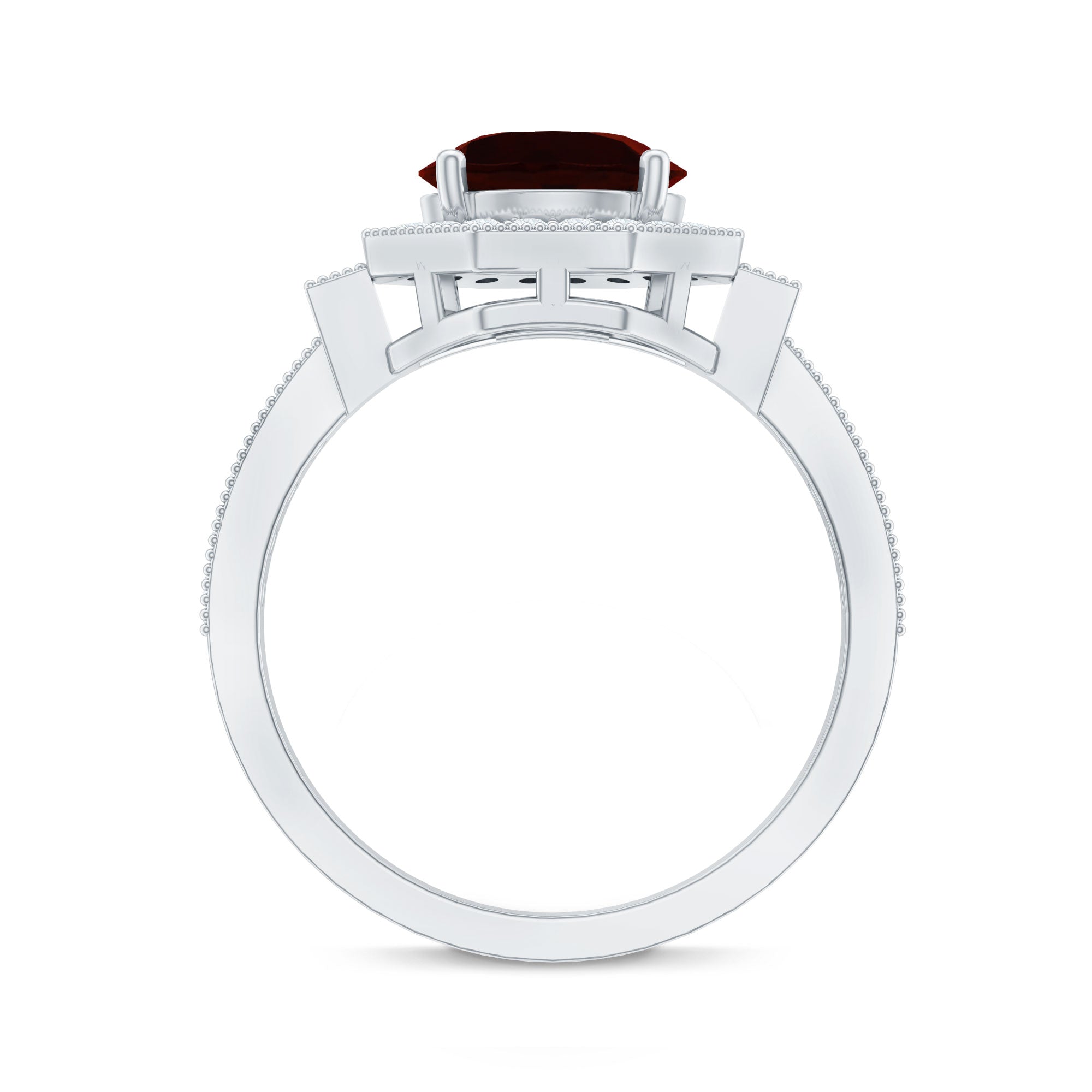 Art Deco 8mm Garnet Engagement Ring with Diamond Halo AAA - Rosec Jewels