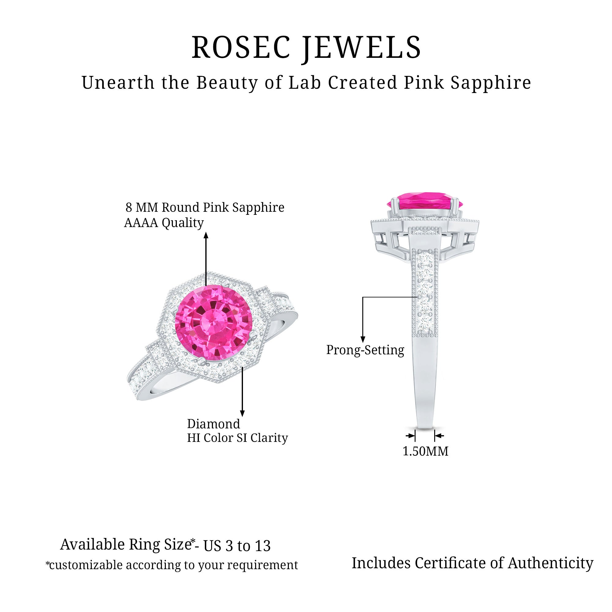 Rosec Jewels-Lab Created Pink Sapphire Vintage Engagement Ring with Diamond Halo