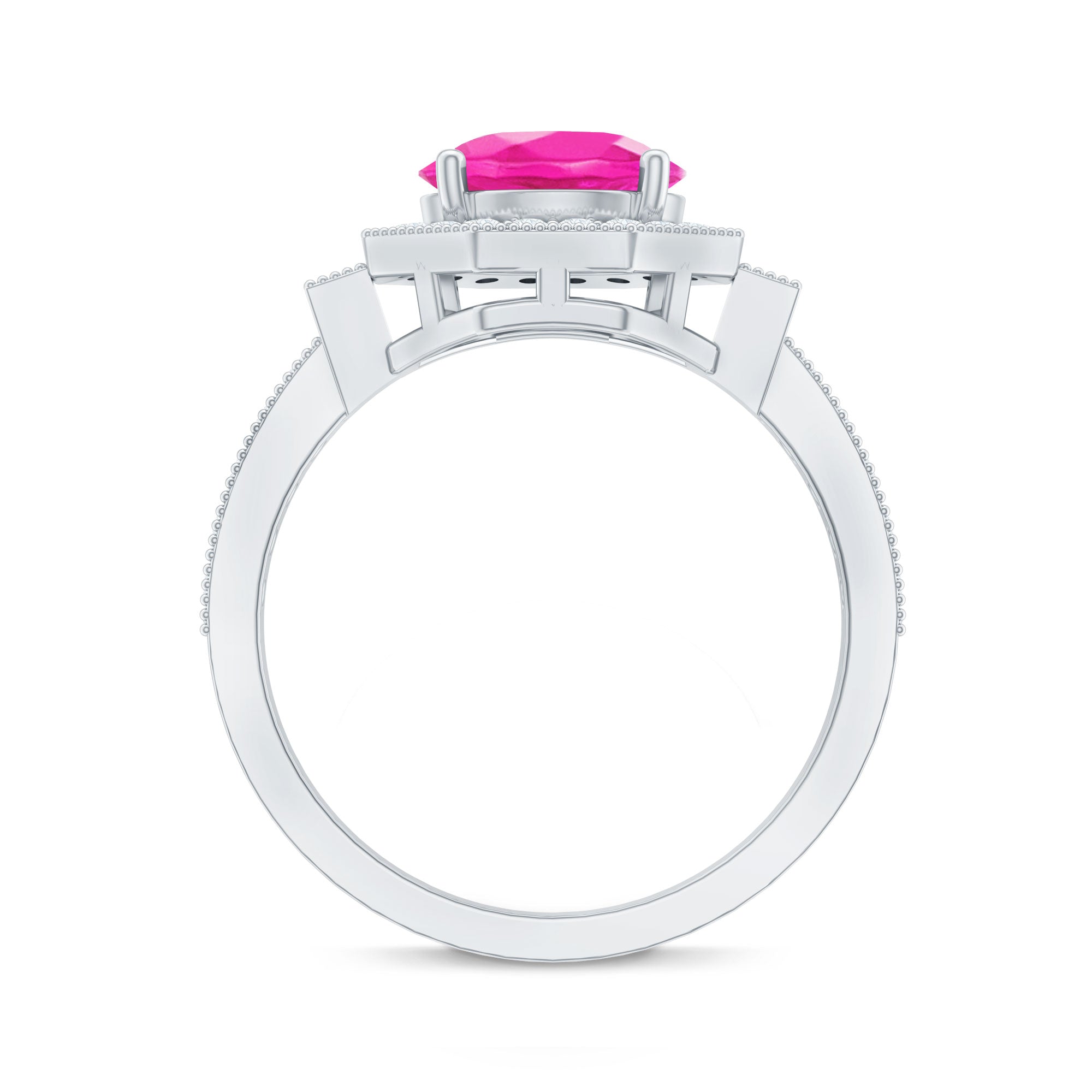 Rosec Jewels-Lab Created Pink Sapphire Vintage Engagement Ring with Diamond Halo