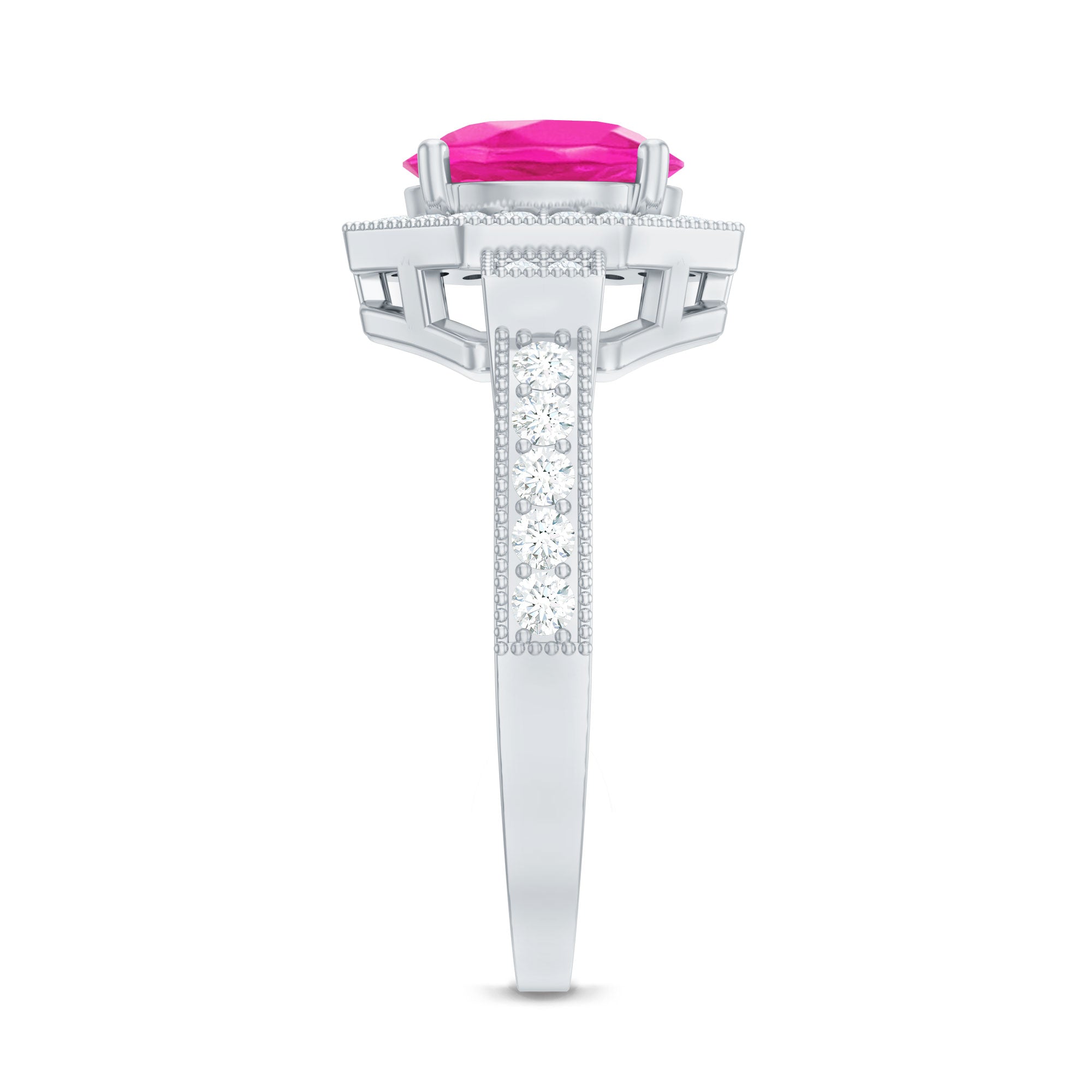 Rosec Jewels-Lab Created Pink Sapphire Vintage Engagement Ring with Diamond Halo