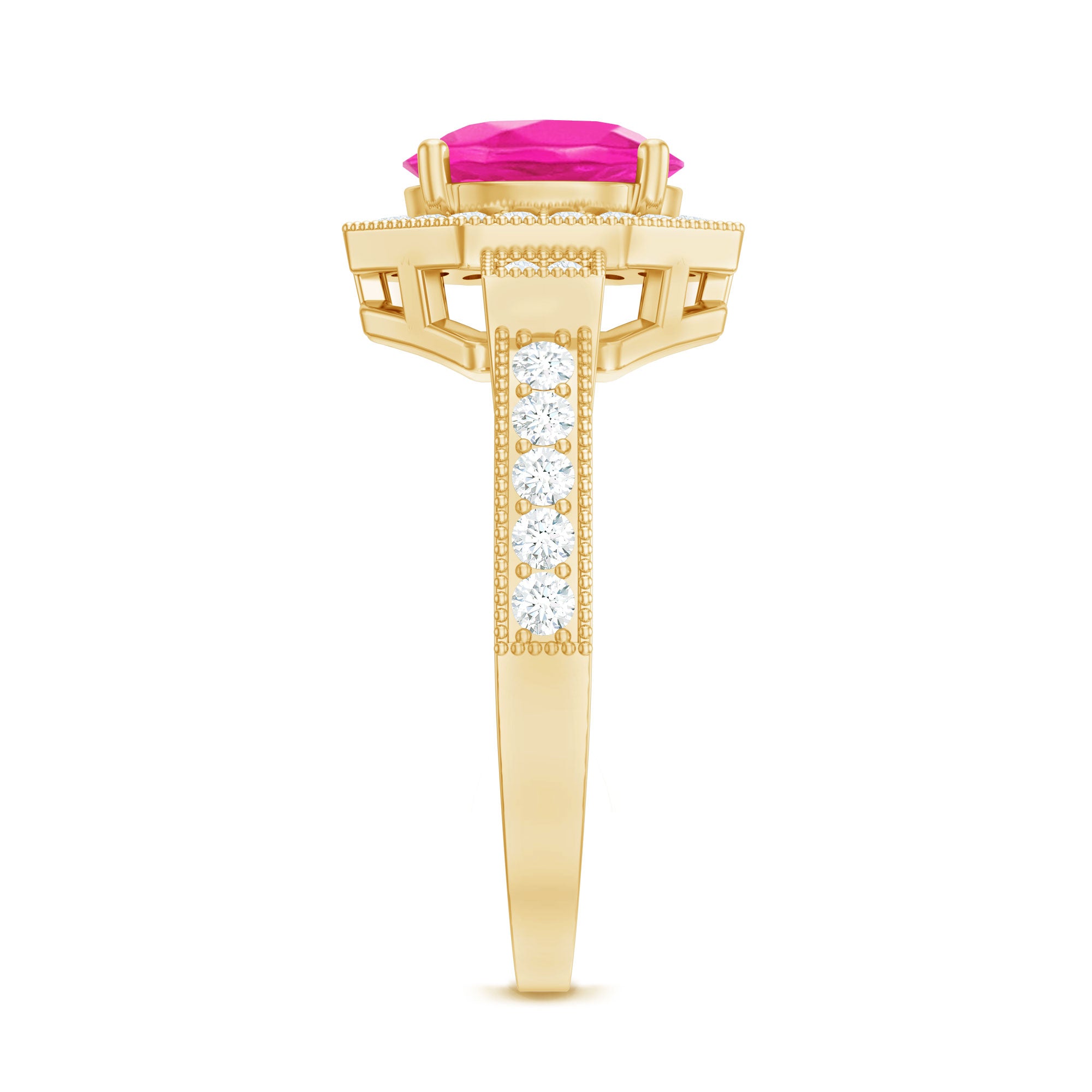 Rosec Jewels-Lab Created Pink Sapphire Vintage Engagement Ring with Diamond Halo