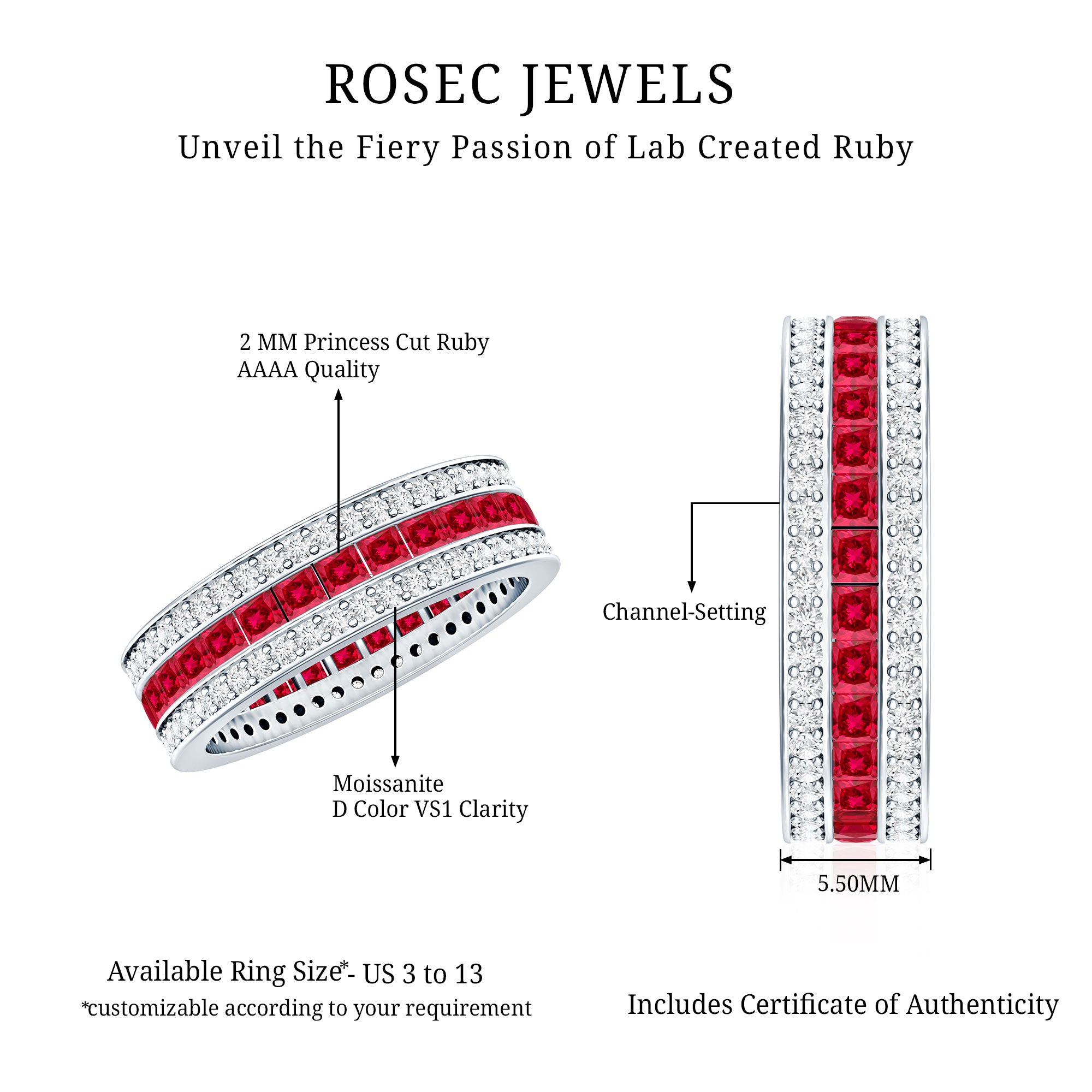 Lab Created Ruby Three Row Wedding Band for Women AAAA - Rosec Jewels