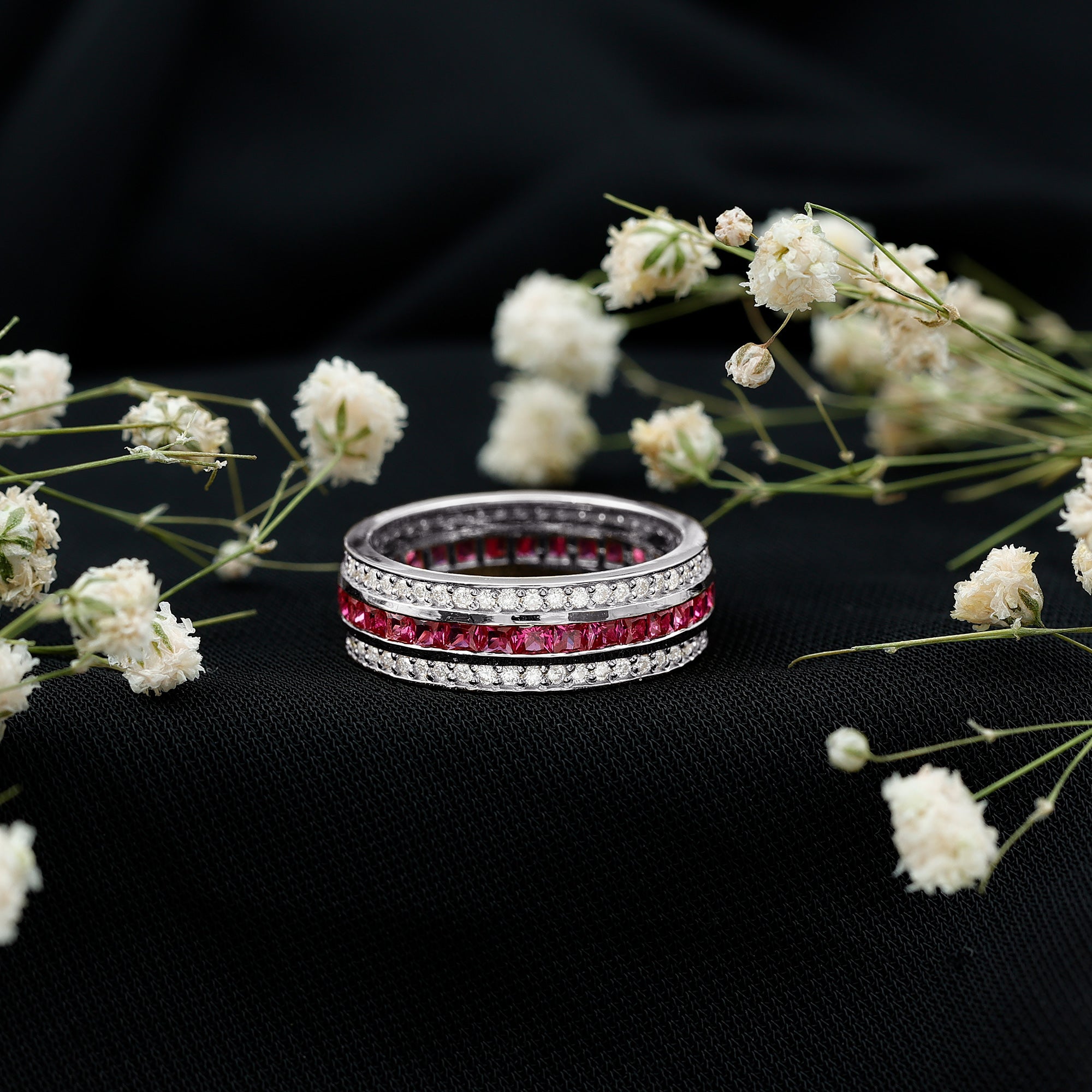 Lab Created Ruby Three Row Wedding Band for Women AAAA - Rosec Jewels