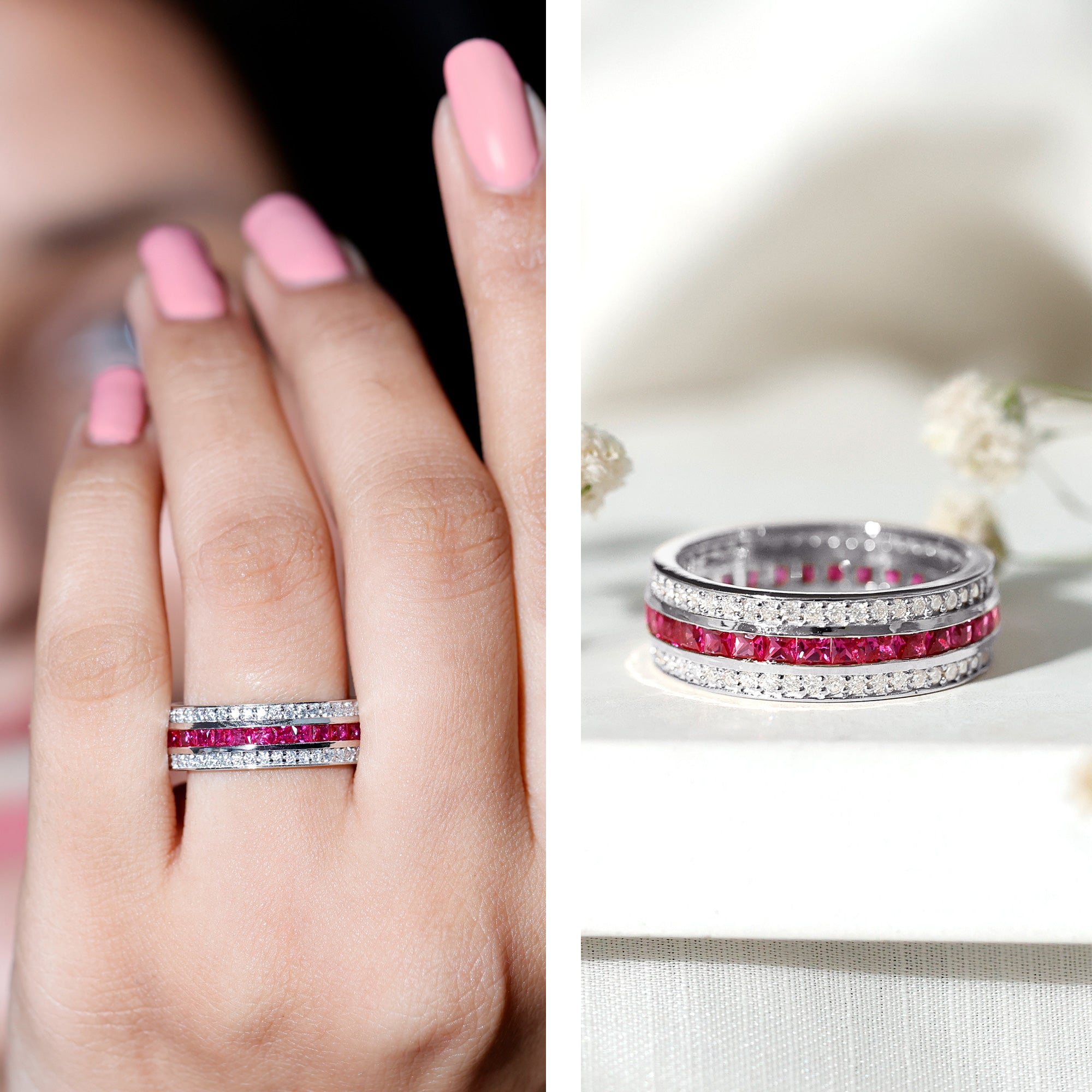 Lab Created Ruby Three Row Wedding Band for Women AAAA - Rosec Jewels