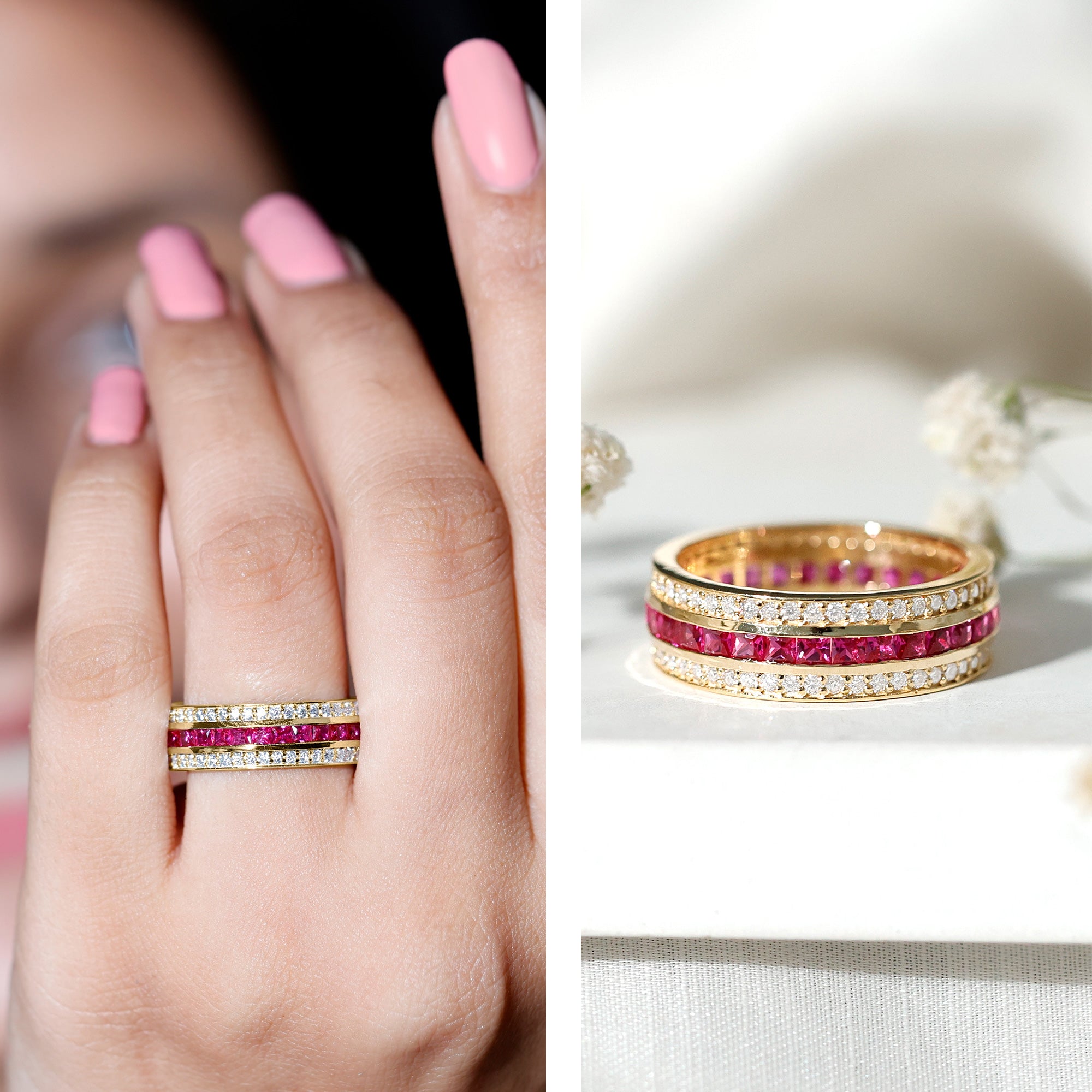 Lab Created Ruby Three Row Wedding Band for Women AAAA - Rosec Jewels