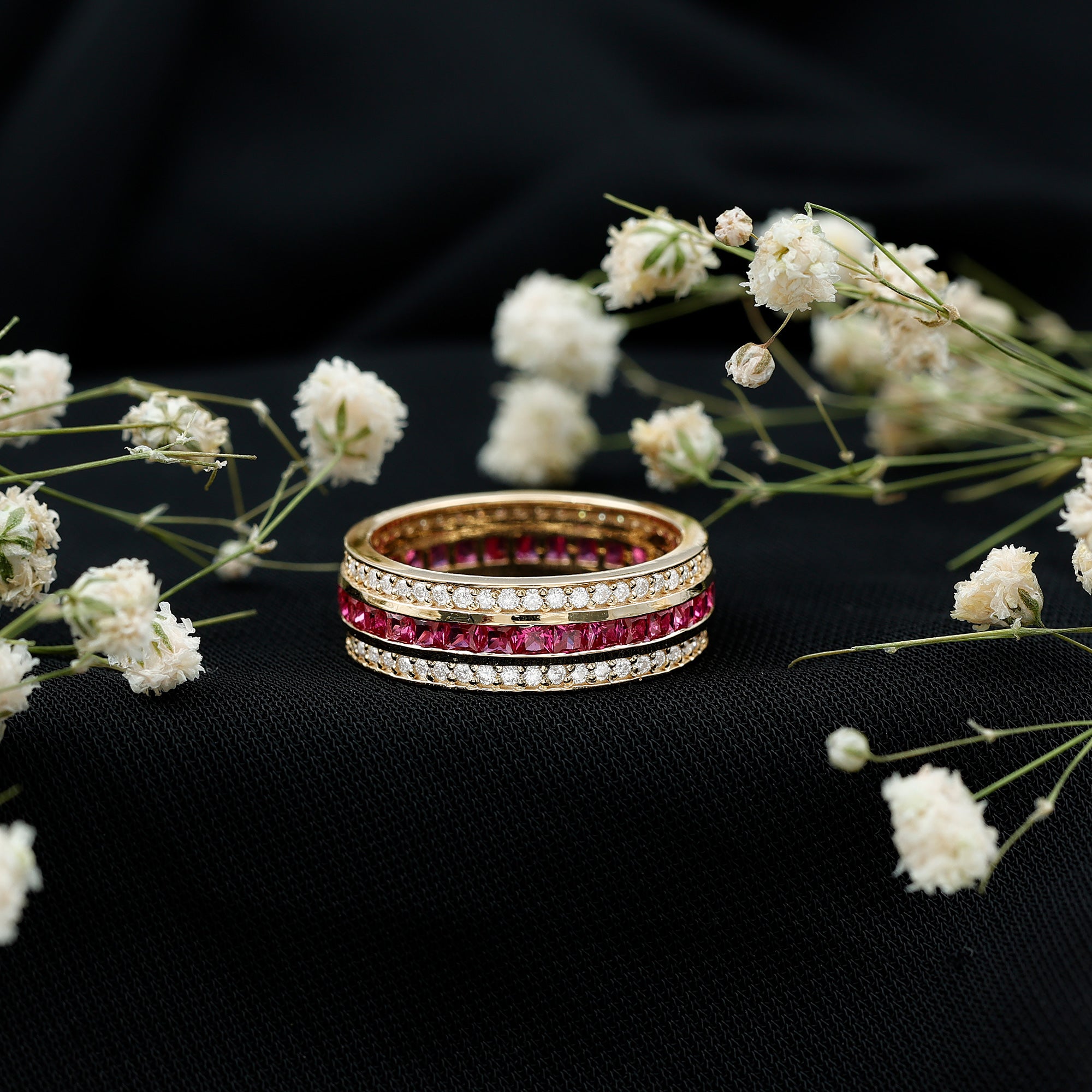 Lab Created Ruby Three Row Wedding Band for Women AAAA - Rosec Jewels
