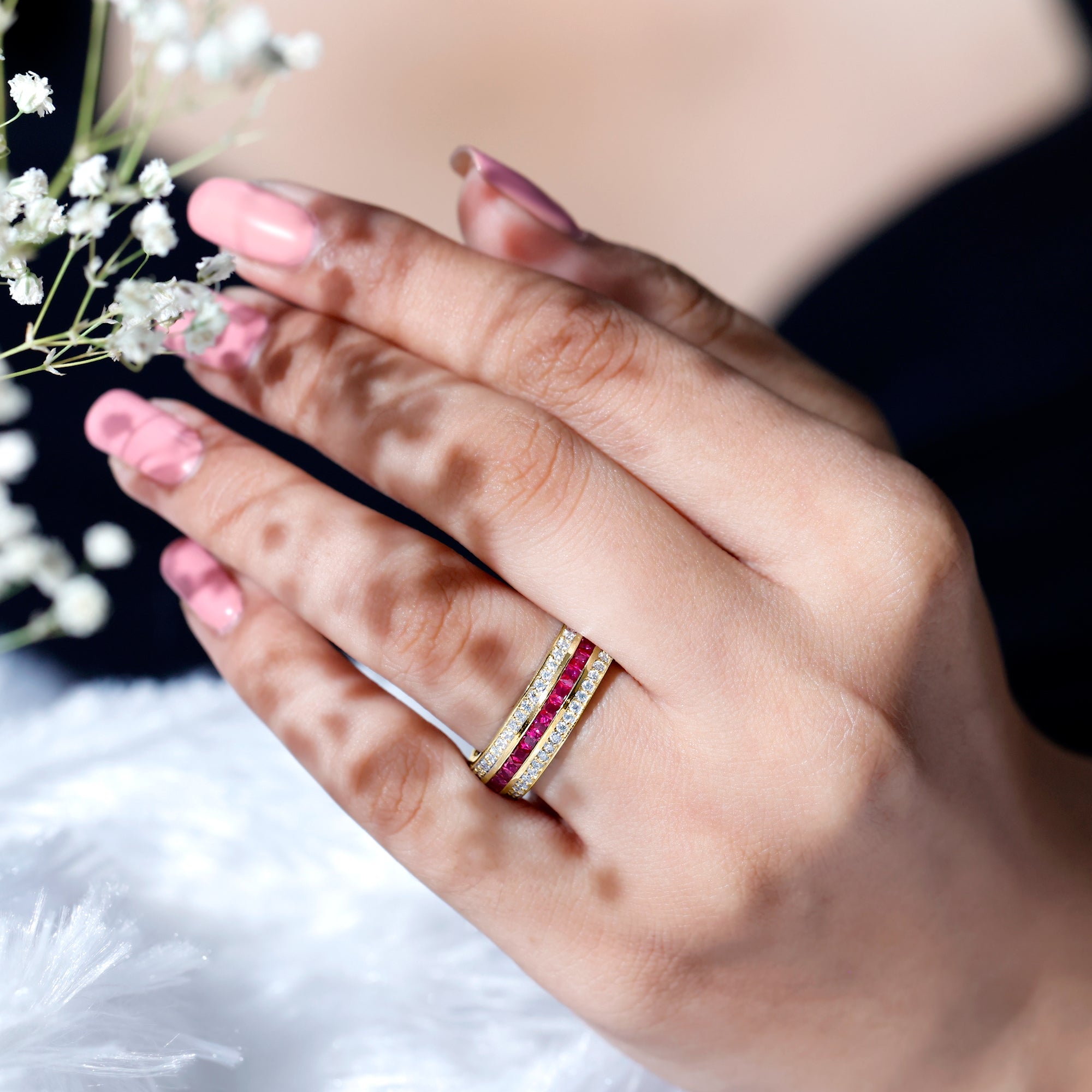 Lab Created Ruby Three Row Wedding Band for Women AAAA - Rosec Jewels