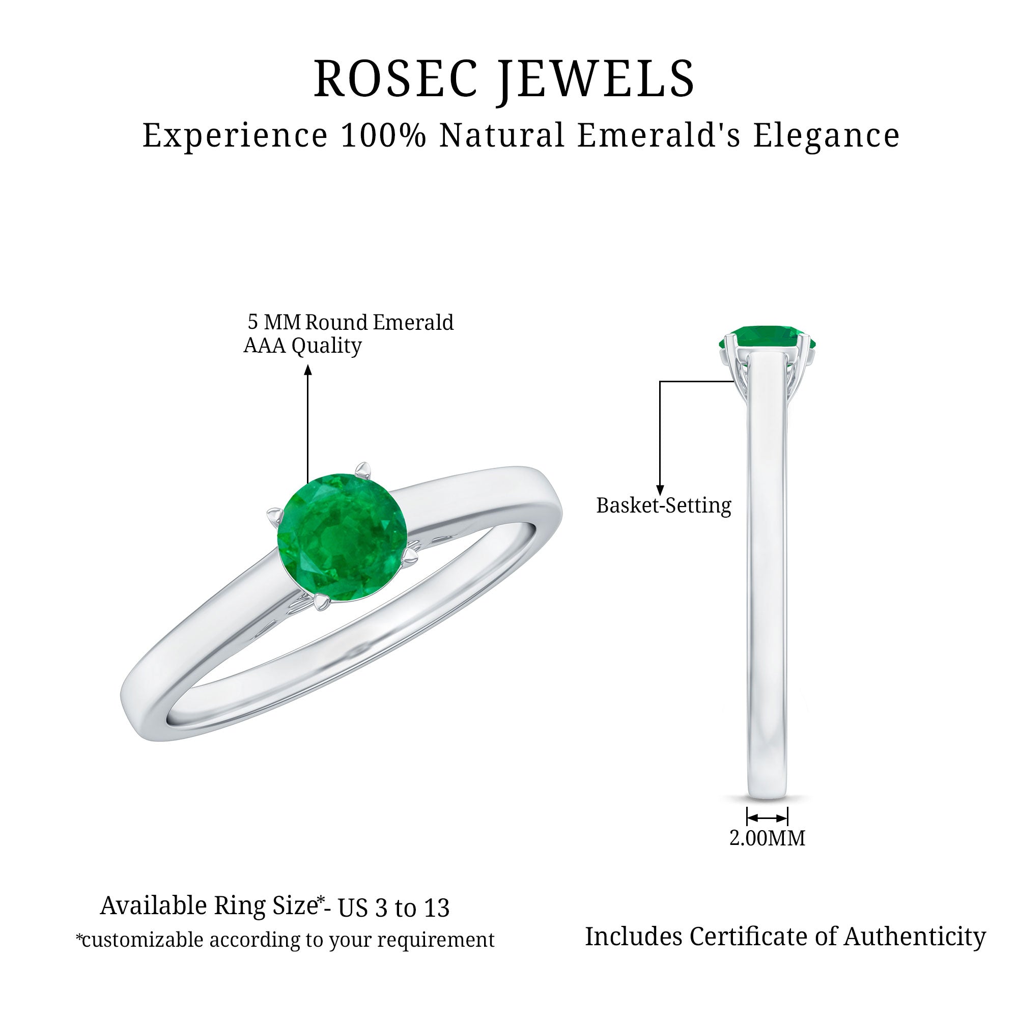 Round Shaped 5MM Emerald Solitaire Promise Ring for Her AAA - Rosec Jewels