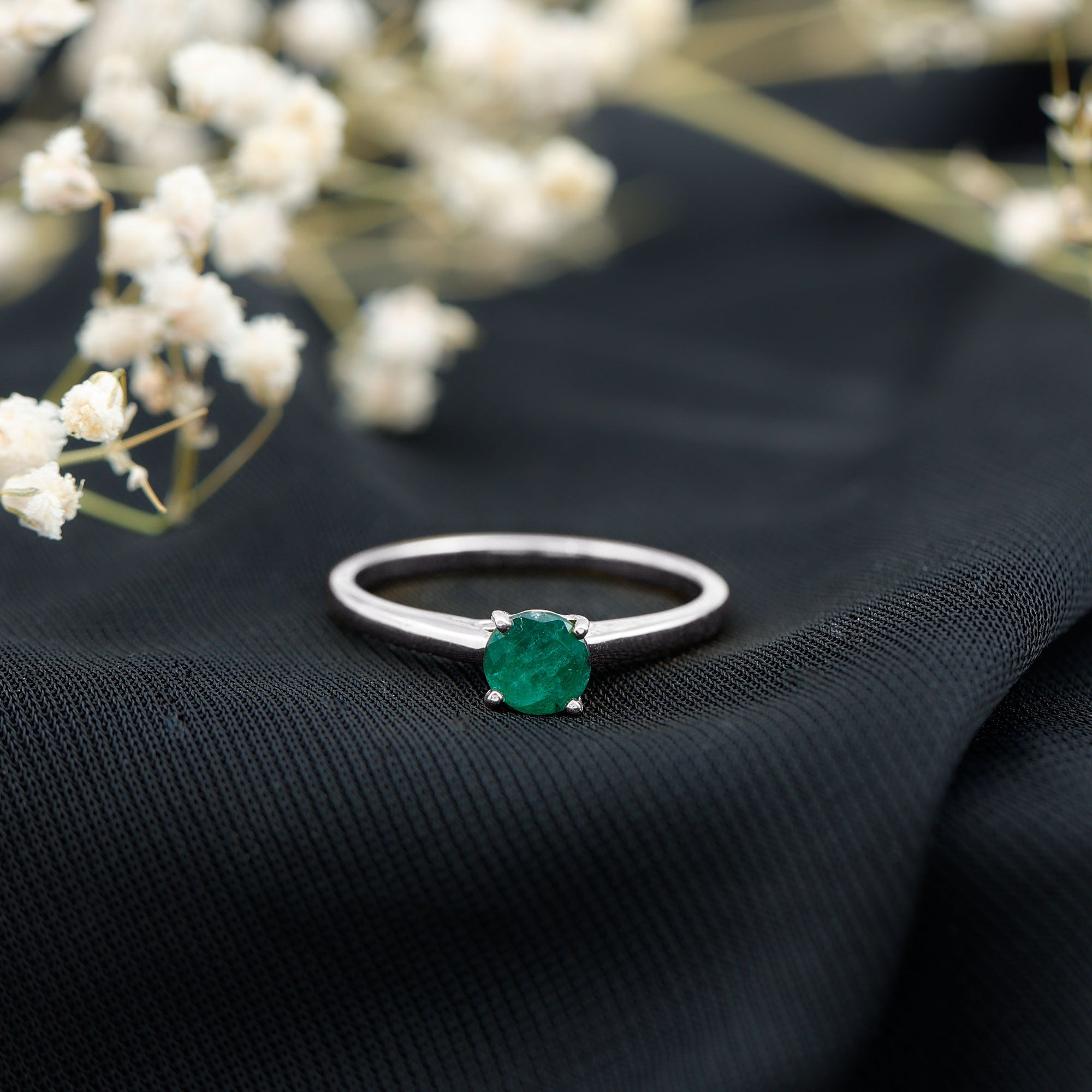 Round Shaped 5MM Emerald Solitaire Promise Ring for Her AAA - Rosec Jewels
