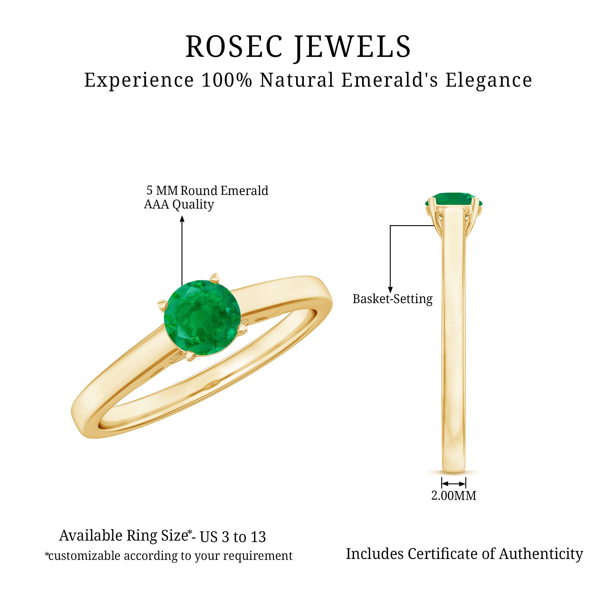 Round Shaped 5MM Emerald Solitaire Promise Ring for Her AAA - Rosec Jewels
