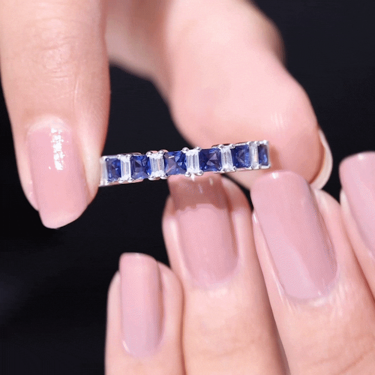 Princess Cut Lab Grown Blue Sapphire Half Eternity Ring with Diamond AAAA - Rosec Jewels